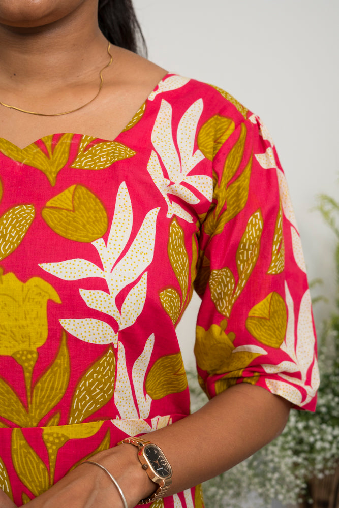 Women’s Printed Cotton A-Line Dress | Pink Floral Print Midi Dress with Square Neck & Puff Sleeves