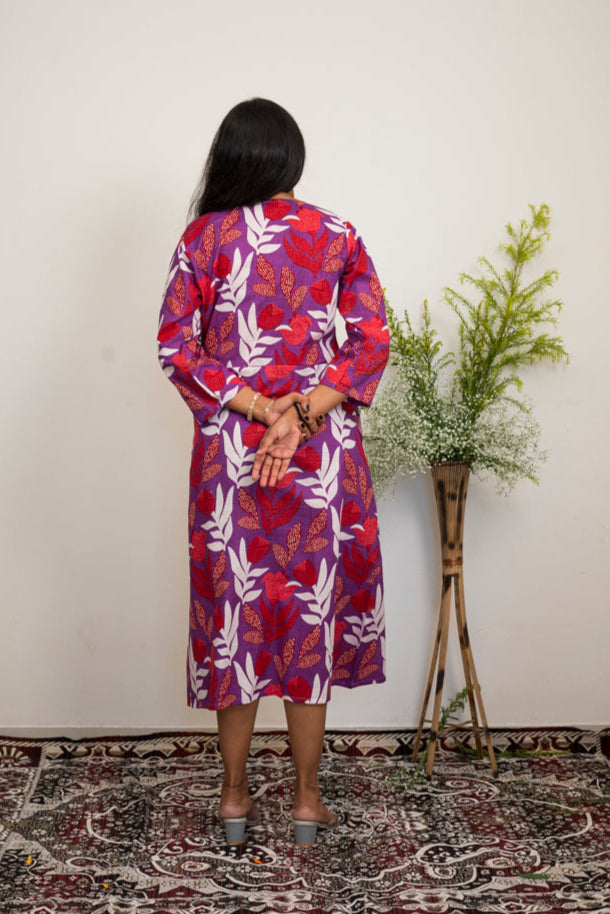 Women’s Printed Cotton A-Line Dress | Purple & Red Floral Print Midi Dress with Peter pan collar & 3/4 Sleeves