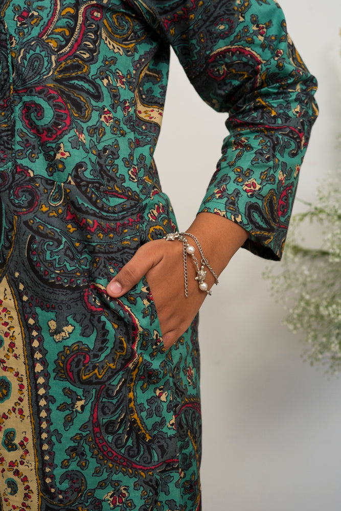 Women’s Handblock Printed Cotton Maxi Dress | Teal & Beige Paisley Print Long Dress with V-neck & Full Sleeves