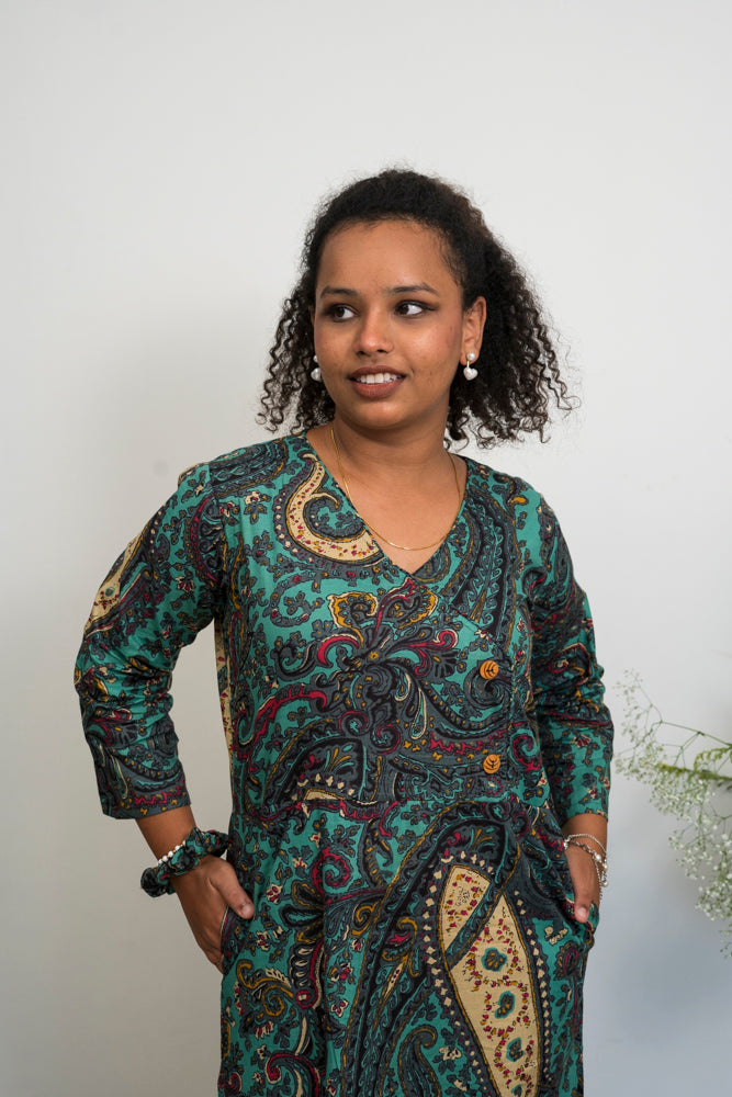 Women’s Handblock Printed Cotton Maxi Dress | Teal & Beige Paisley Print Long Dress with V-neck & Full Sleeves