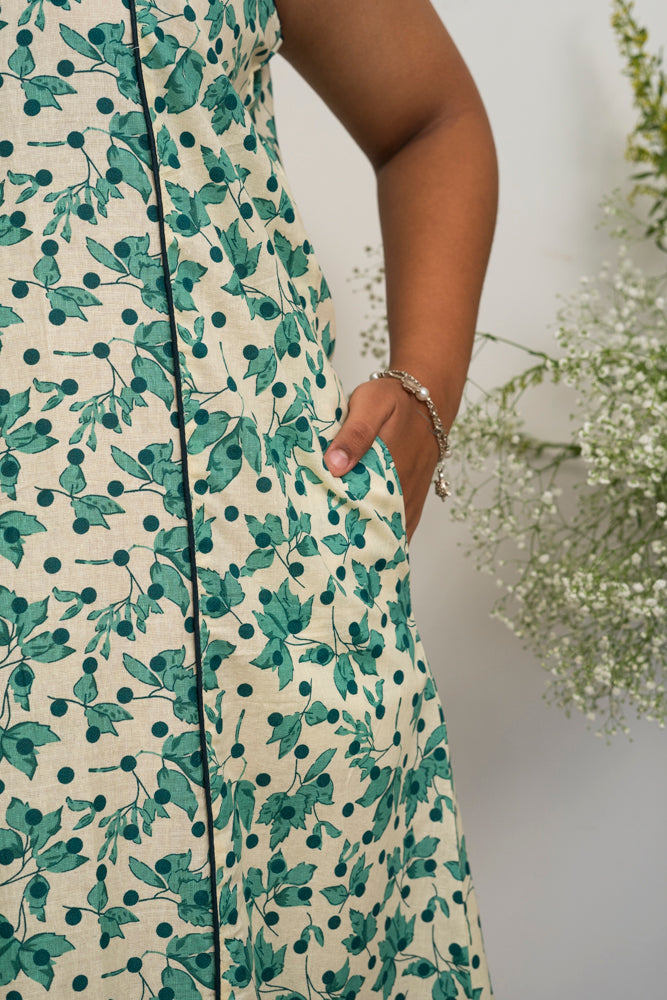 Mint Meadow Cotton Sleeveless A-Line Dress – Green Floral Summer Midi Dress with Pockets