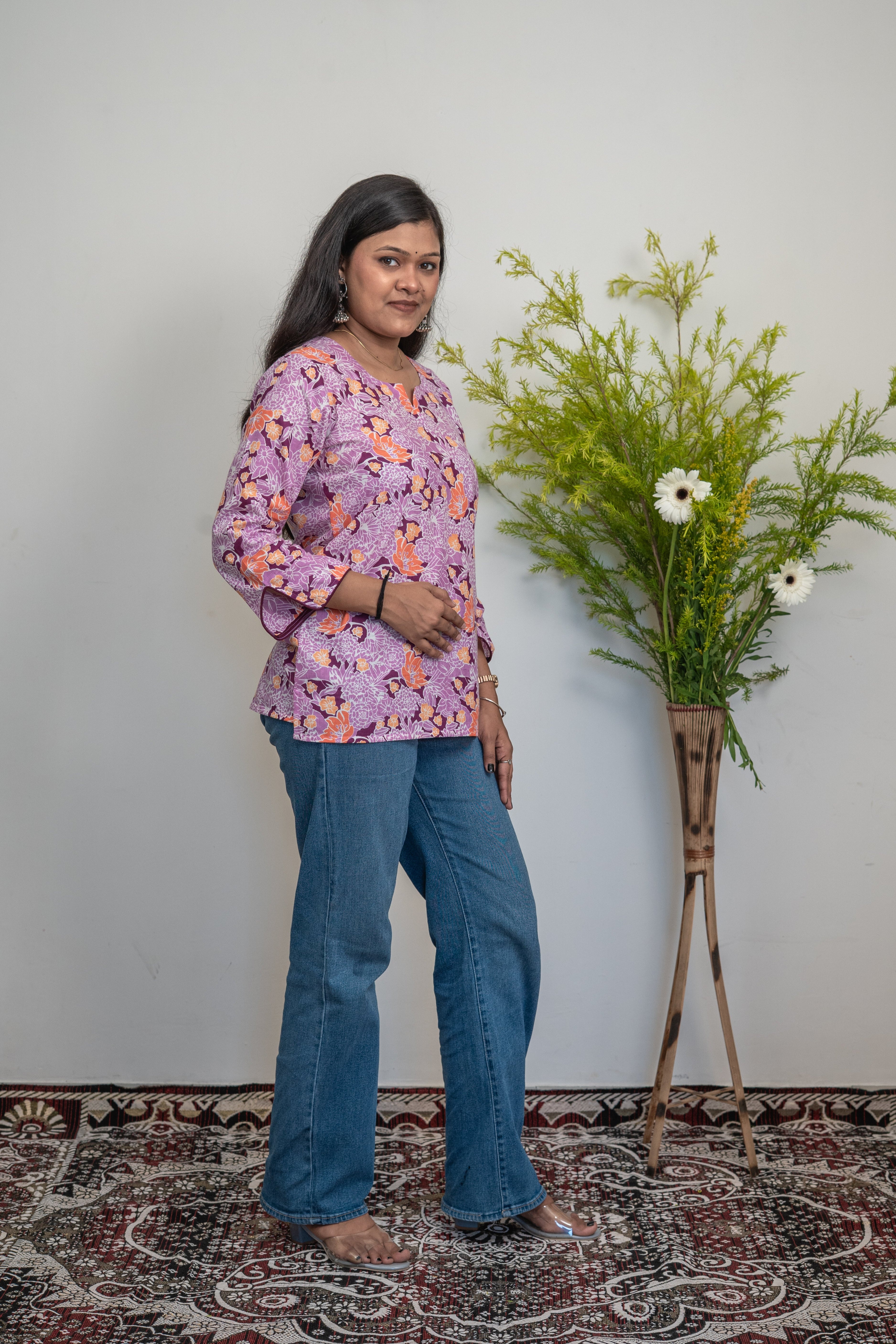 Women’s Cotton Floral Printed Kurti Top – Purple & Orange Casual Ethnic Tunic