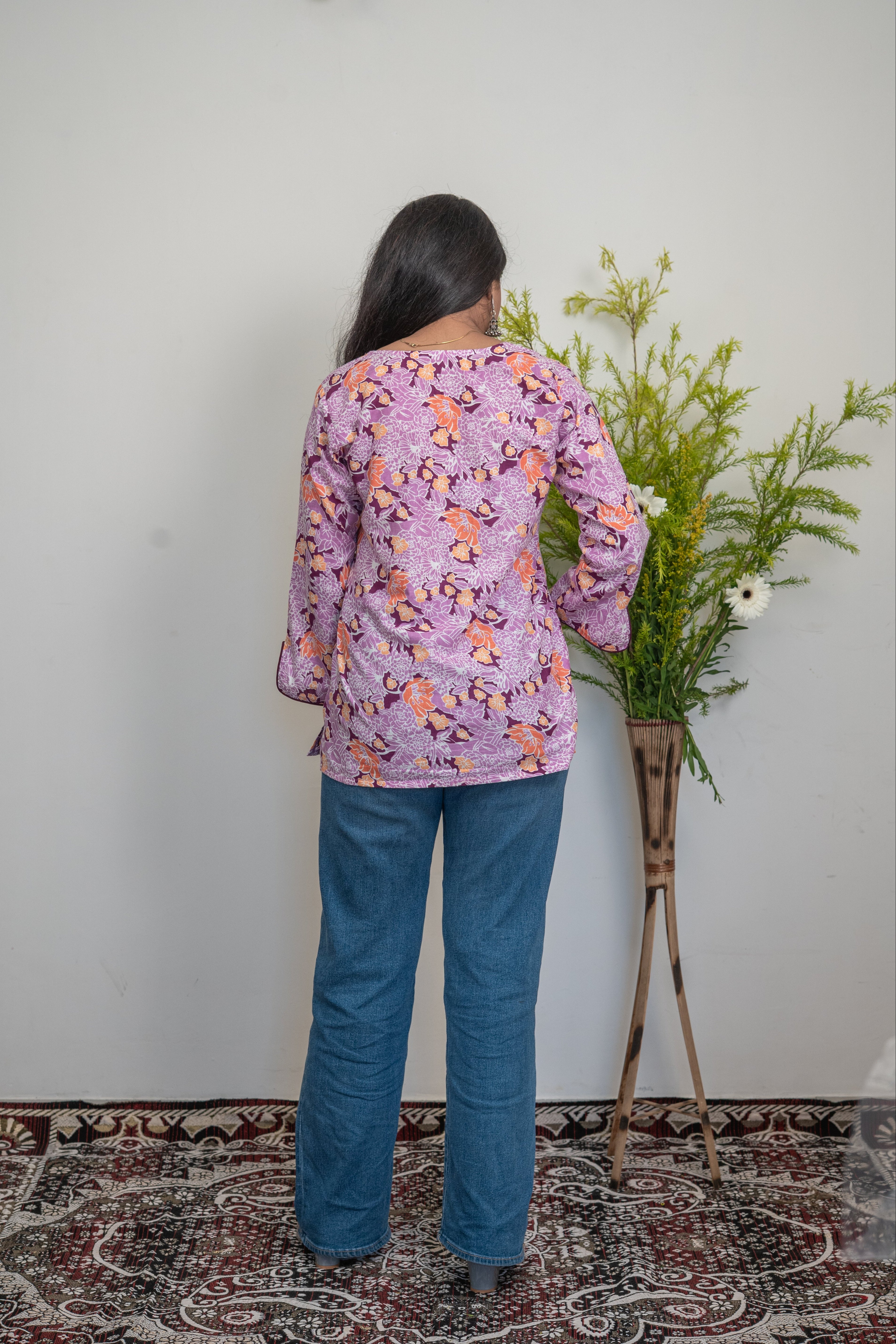 Women’s Cotton Floral Printed Kurti Top – Purple & Orange Casual Ethnic Tunic