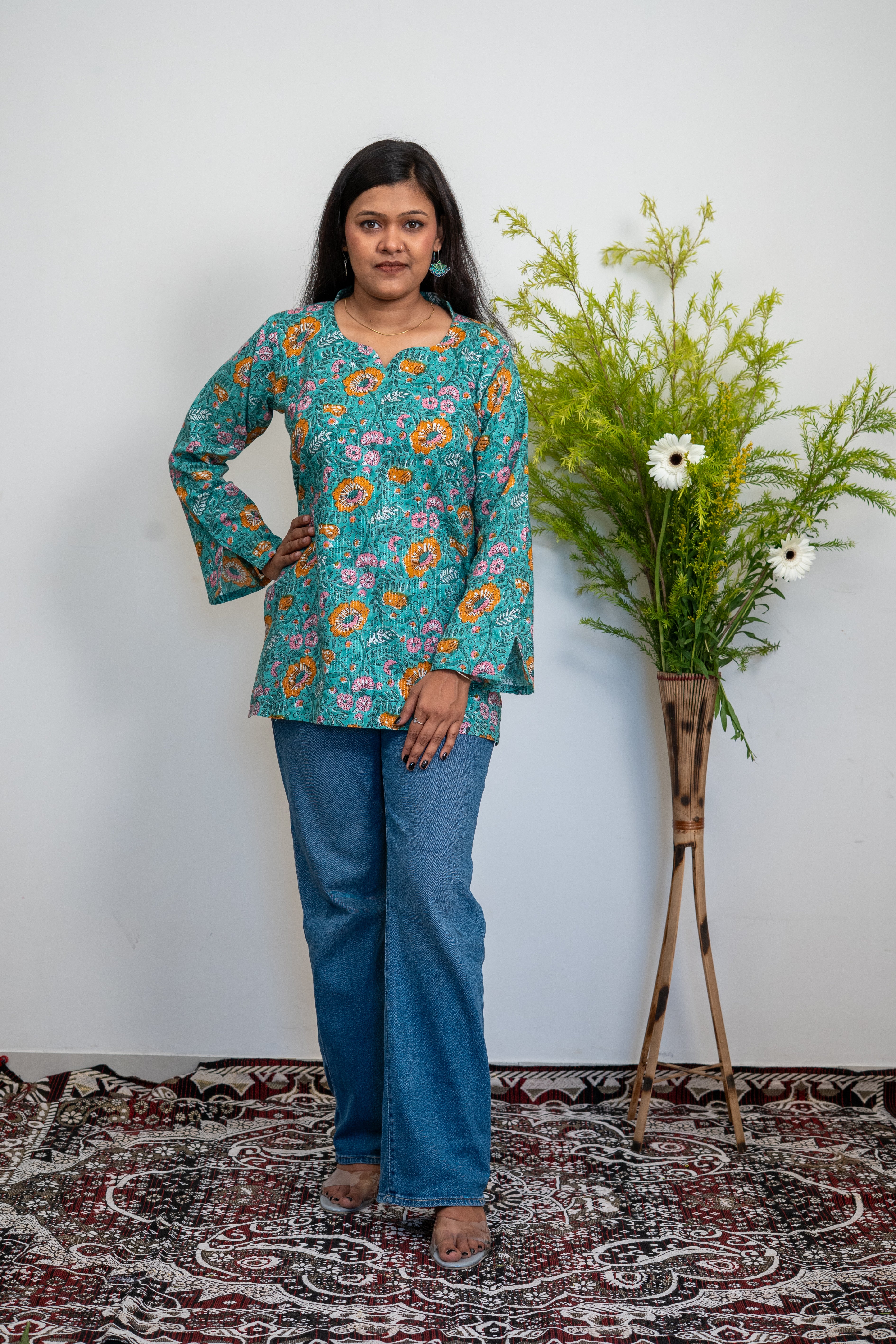 Women’s Cotton Printed Kurti Top – Green Floral Casual Ethnic Tunic with Long Sleeves