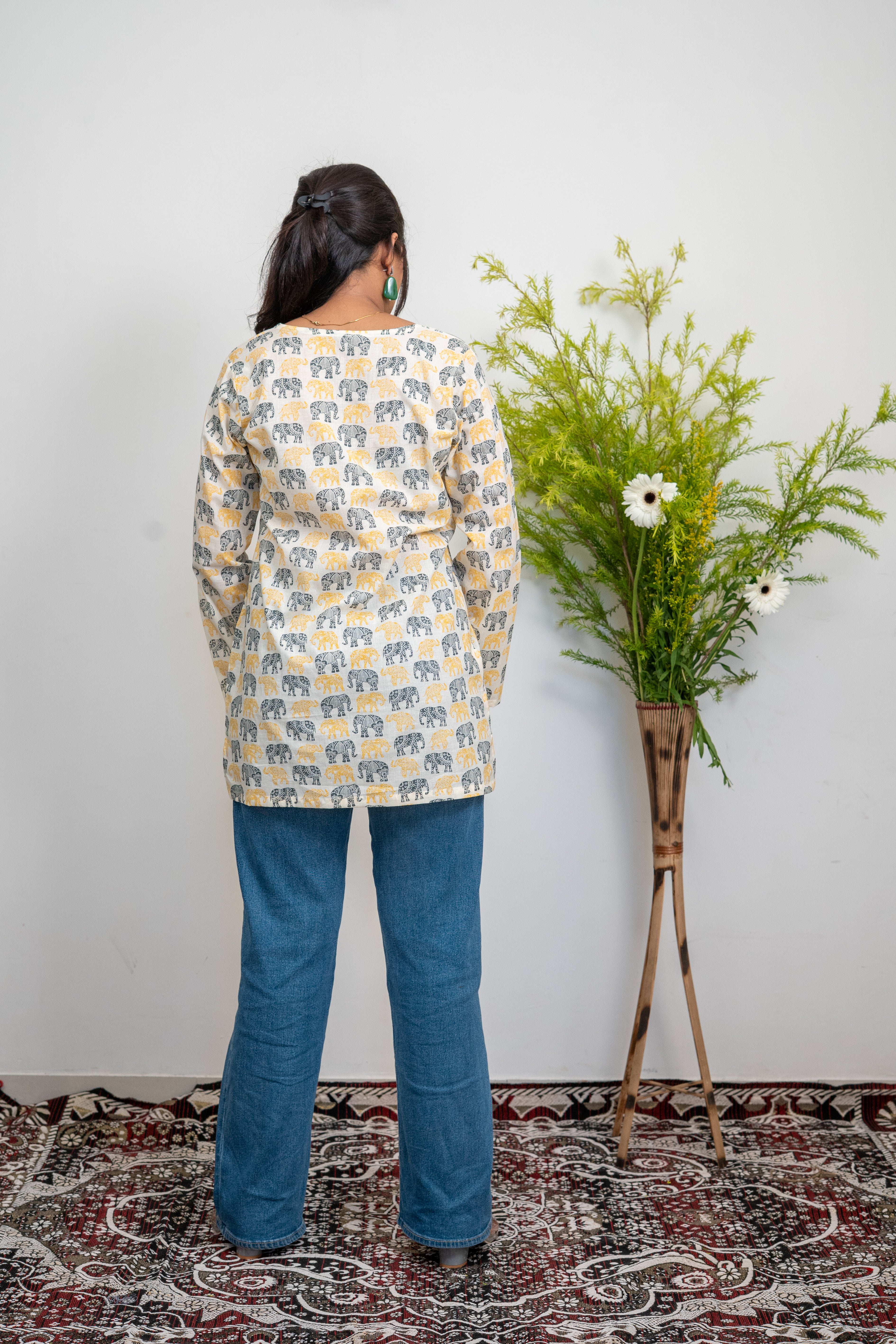 Women’s Cotton Tunic Top with Elephant Handblock Print | V-Neck Long Sleeve Kurti for Casual & Office Wear