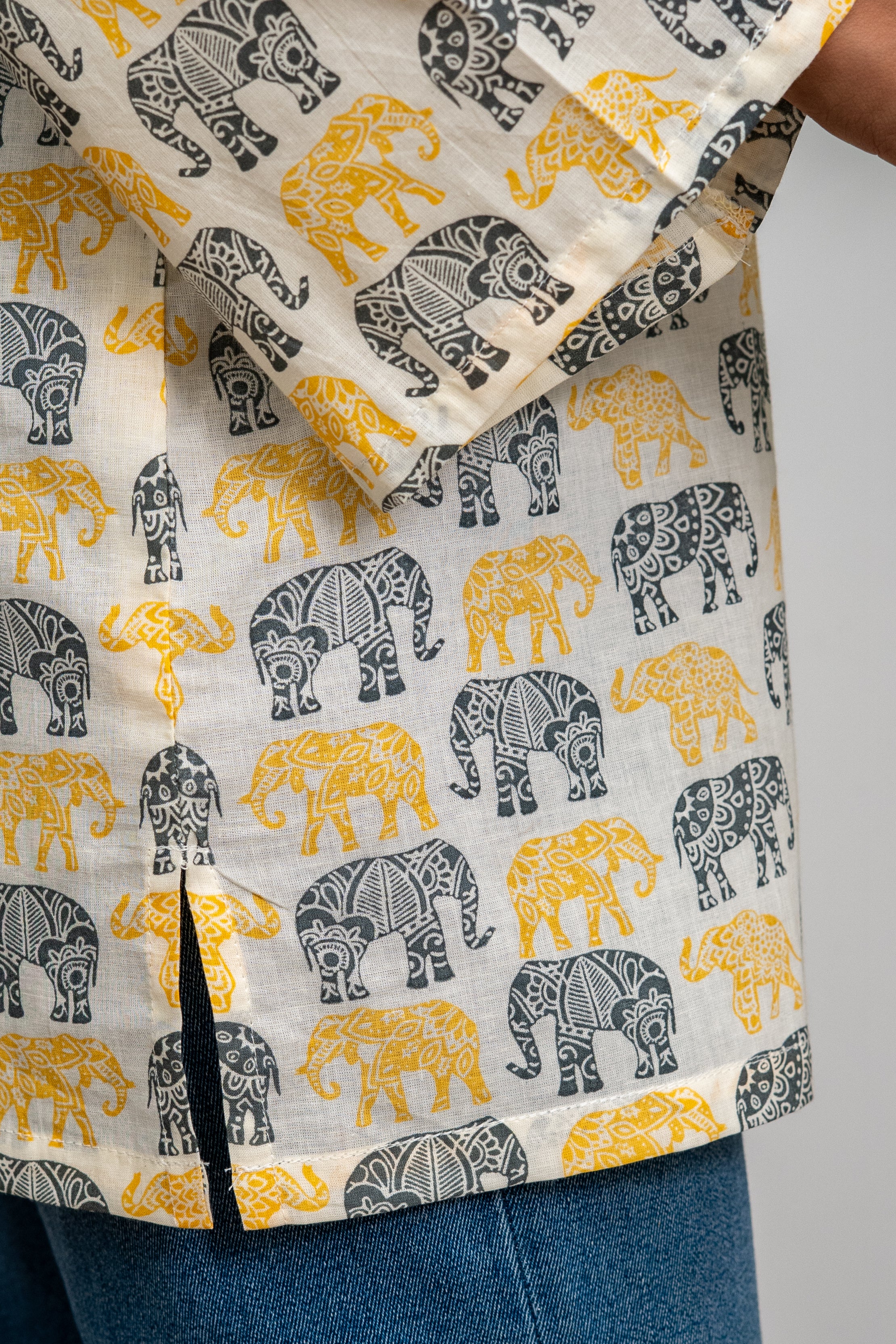 Women’s Cotton Tunic Top with Elephant Handblock Print | V-Neck Long Sleeve Kurti for Casual & Office Wear