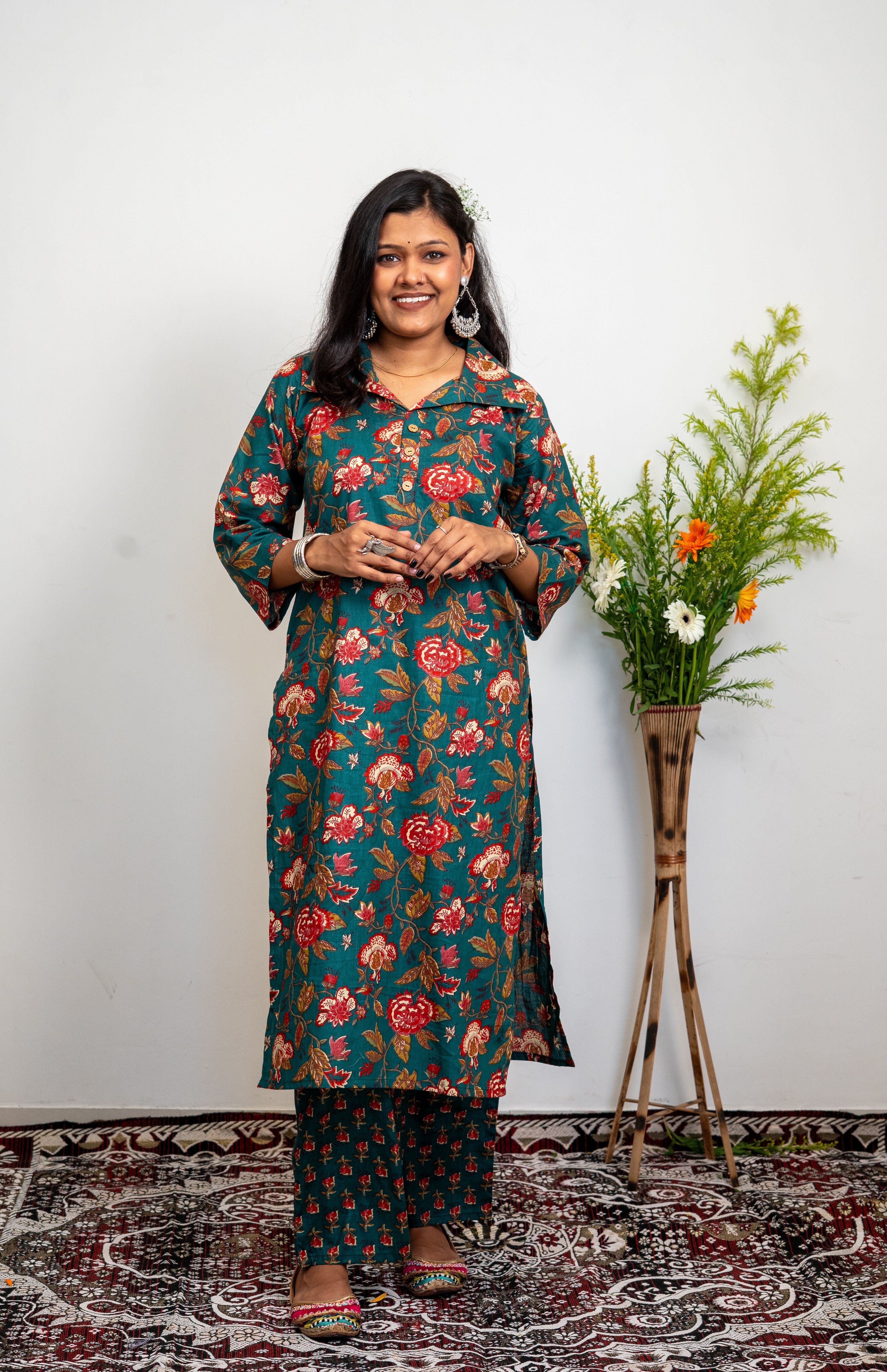 Women’s Cotton Kurta Set – Green Floral Printed Straight Kurta with Matching Pants | Ethnic Wear