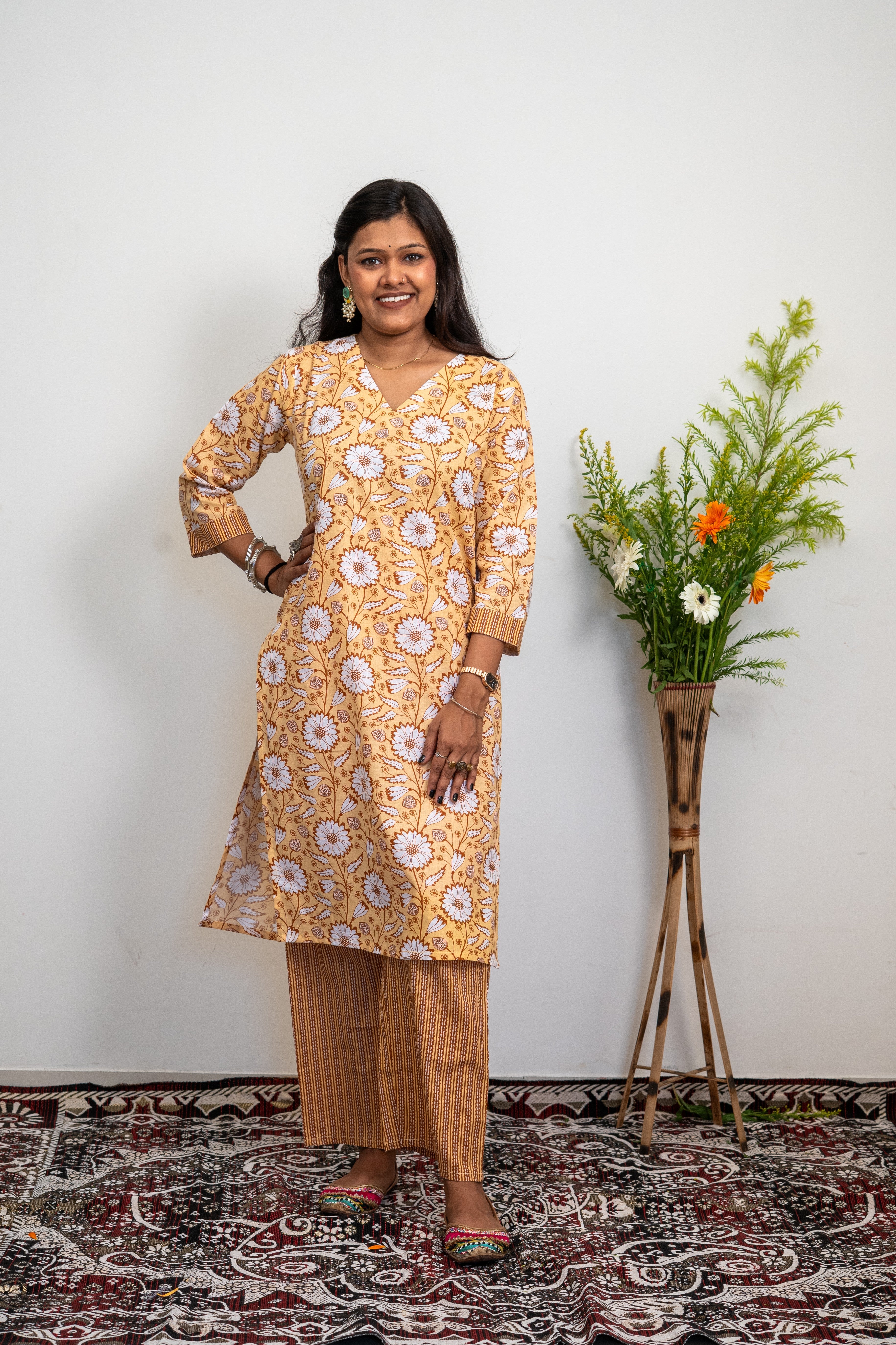 Women’s Cotton Kurta Set – Mustard Yellow Floral Printed Straight Kurta with Matching Pants | Ethnic Daily Wear
