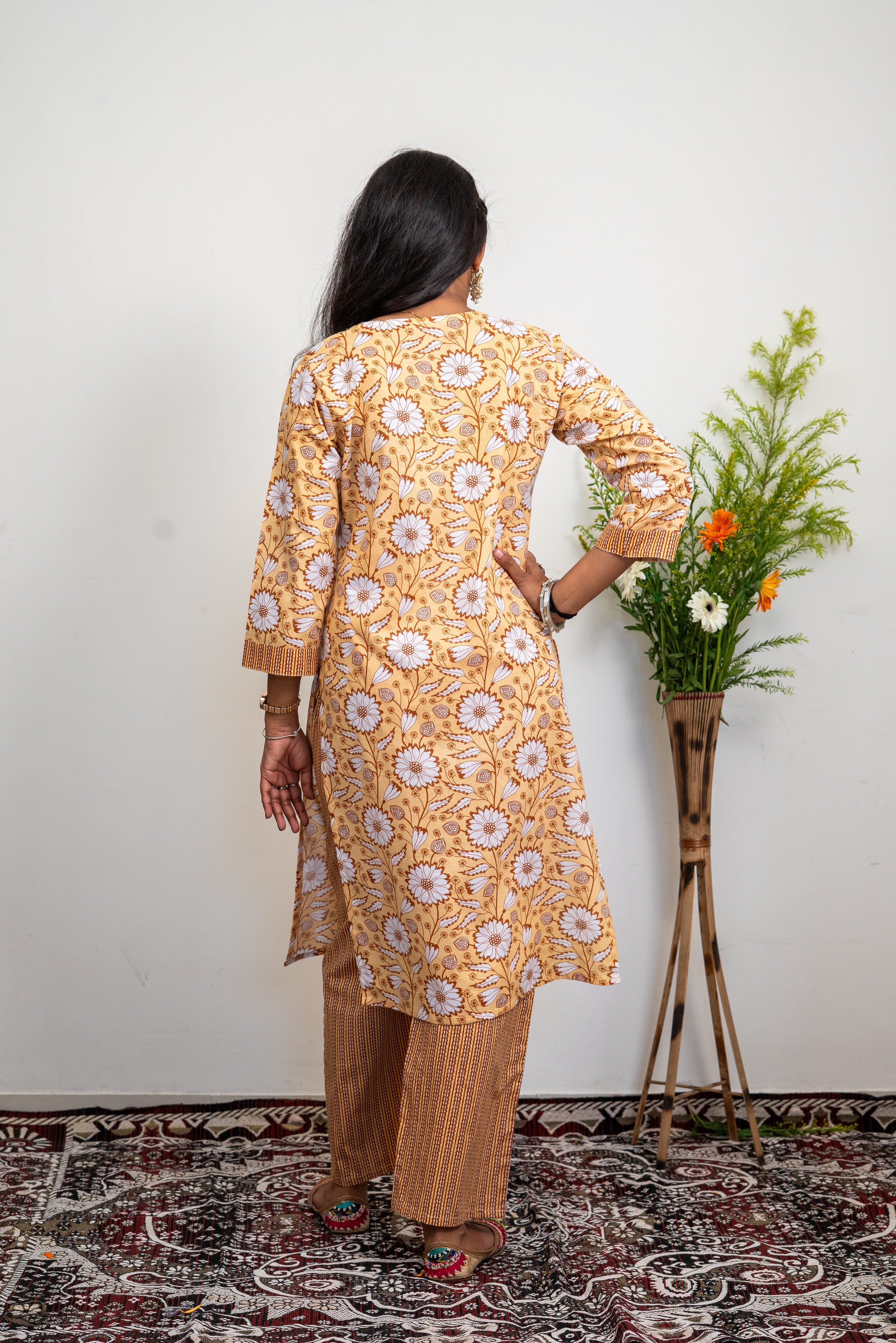 Women’s Cotton Kurta Set – Mustard Yellow Floral Printed Straight Kurta with Matching Pants | Ethnic Daily Wear
