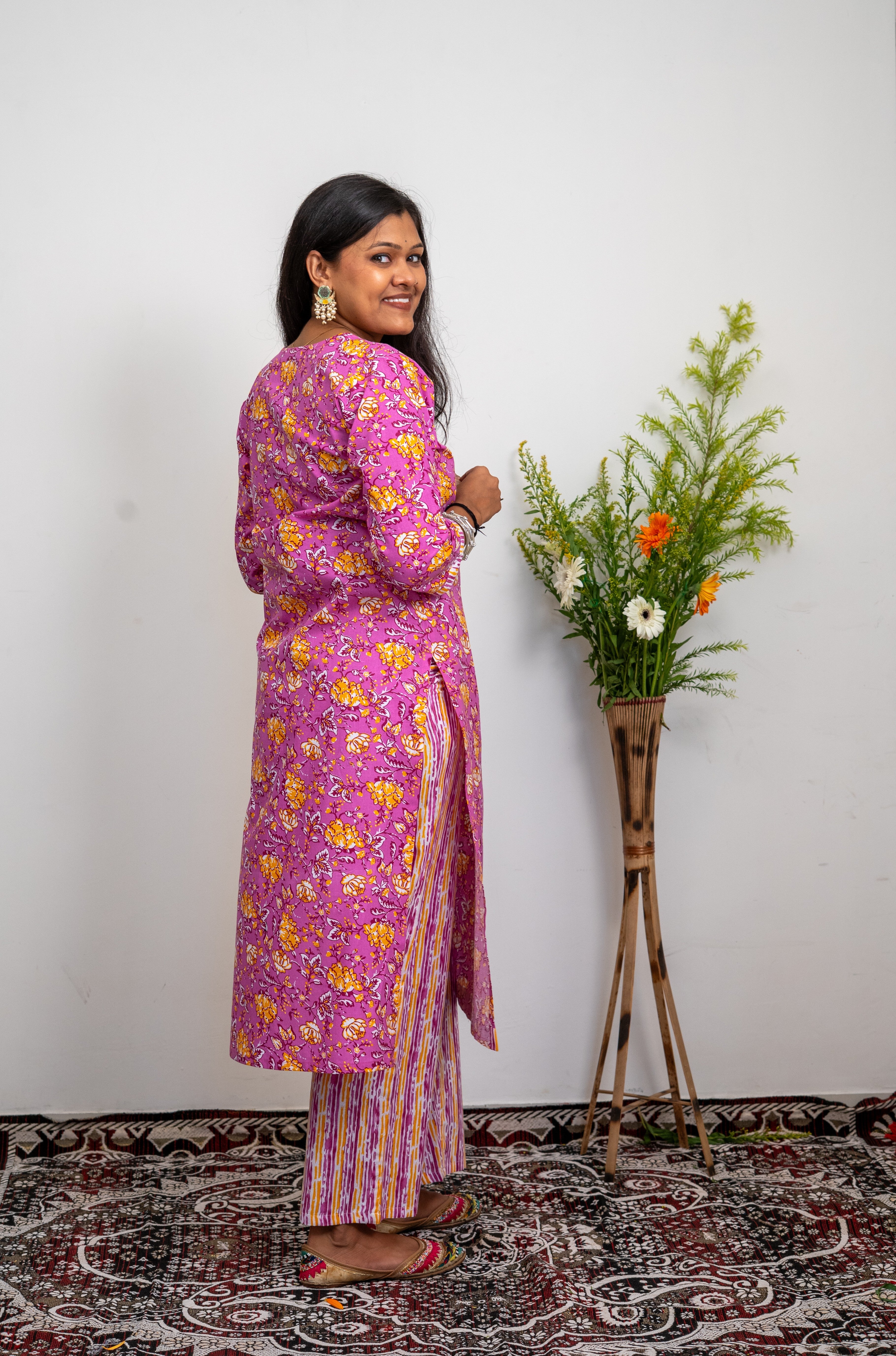 Women’s Cotton Kurta Set – Pink Floral Printed Straight Kurta with Striped Pants | Ethnic Wear