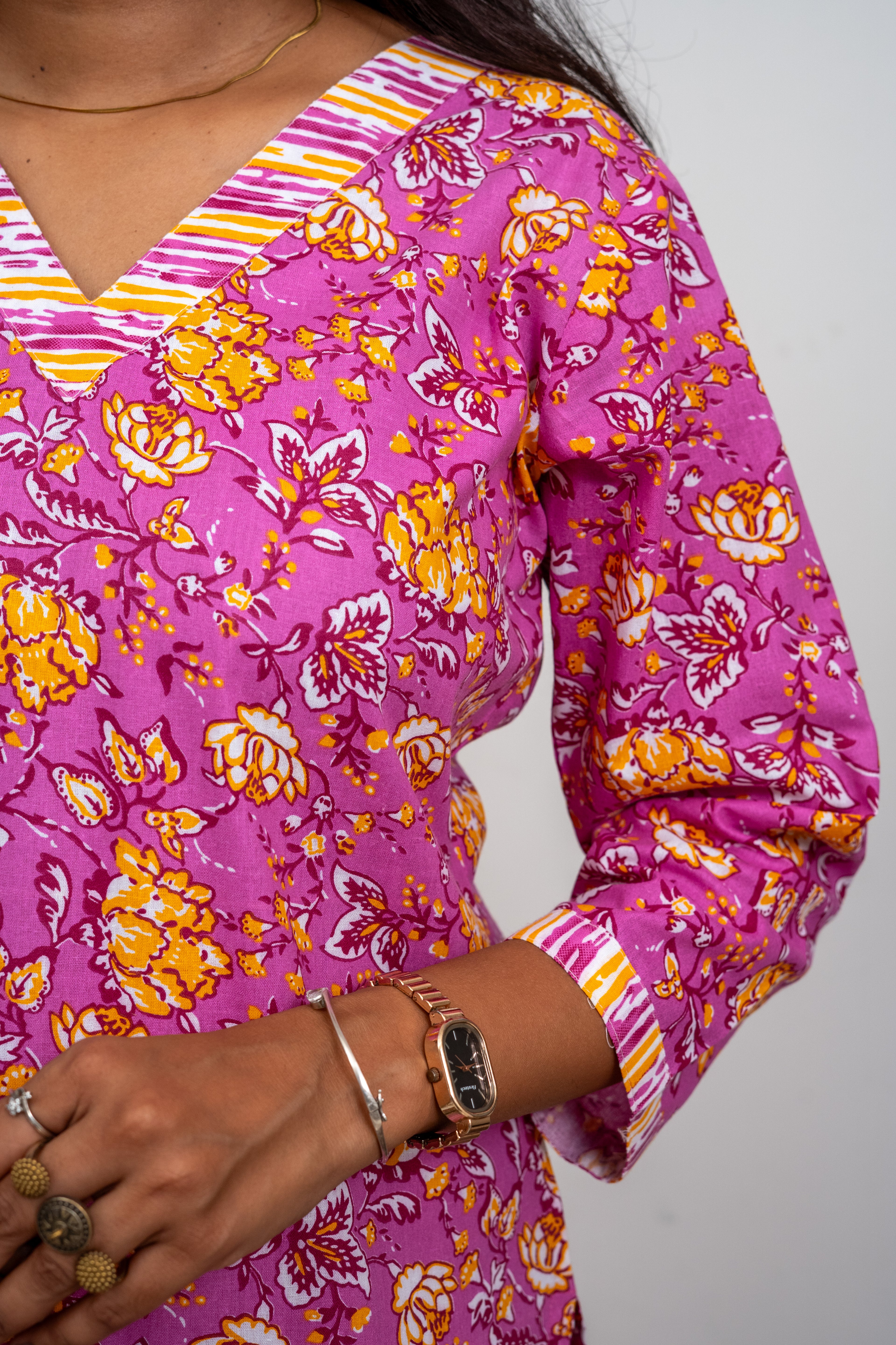 Women’s Cotton Kurta Set – Pink Floral Printed Straight Kurta with Striped Pants | Ethnic Wear