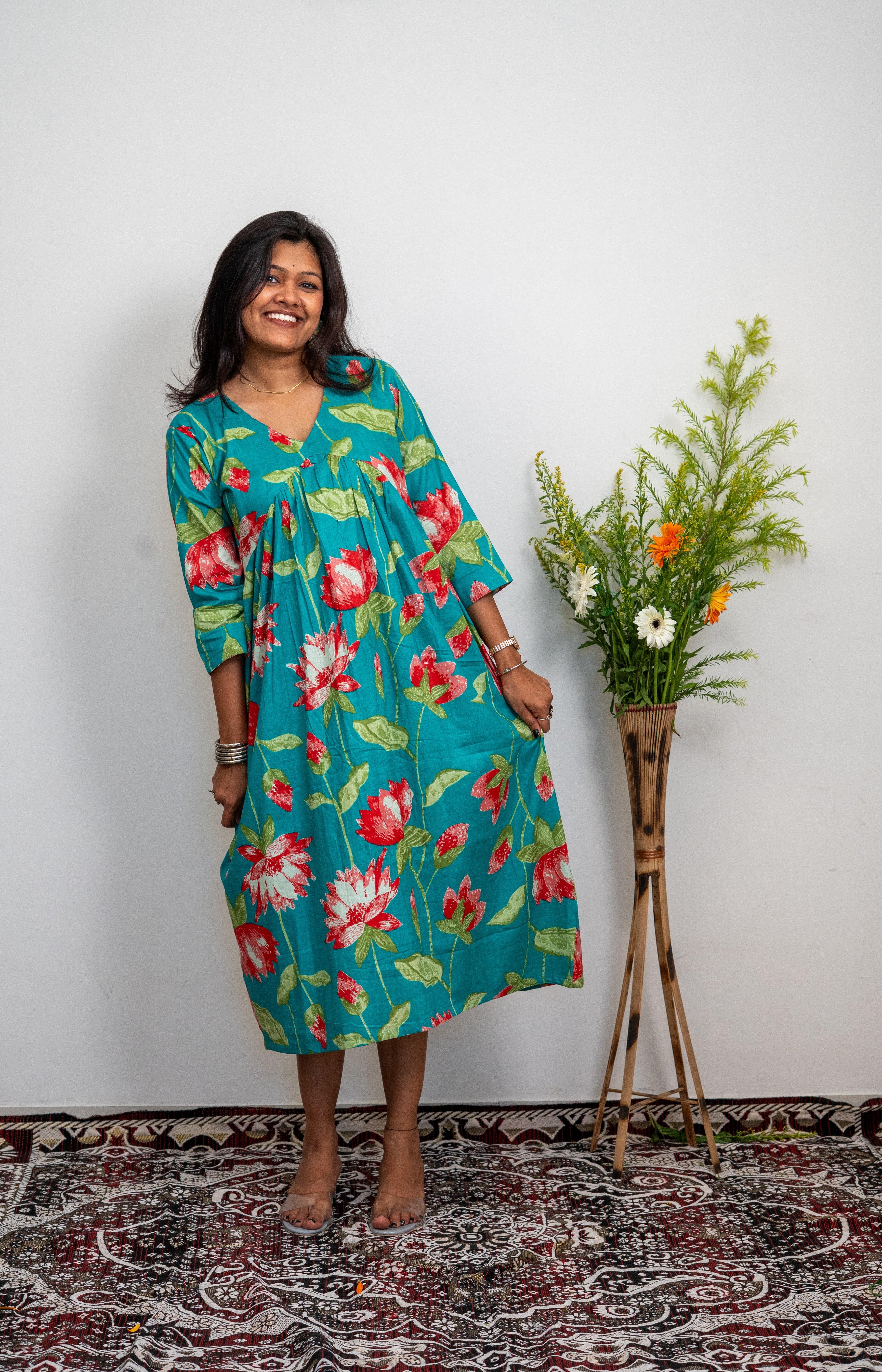 Women’s Cotton Floral Printed Dress – Teal Green A-Line Midi Dress with 3/4 Sleeves | Casual Wear