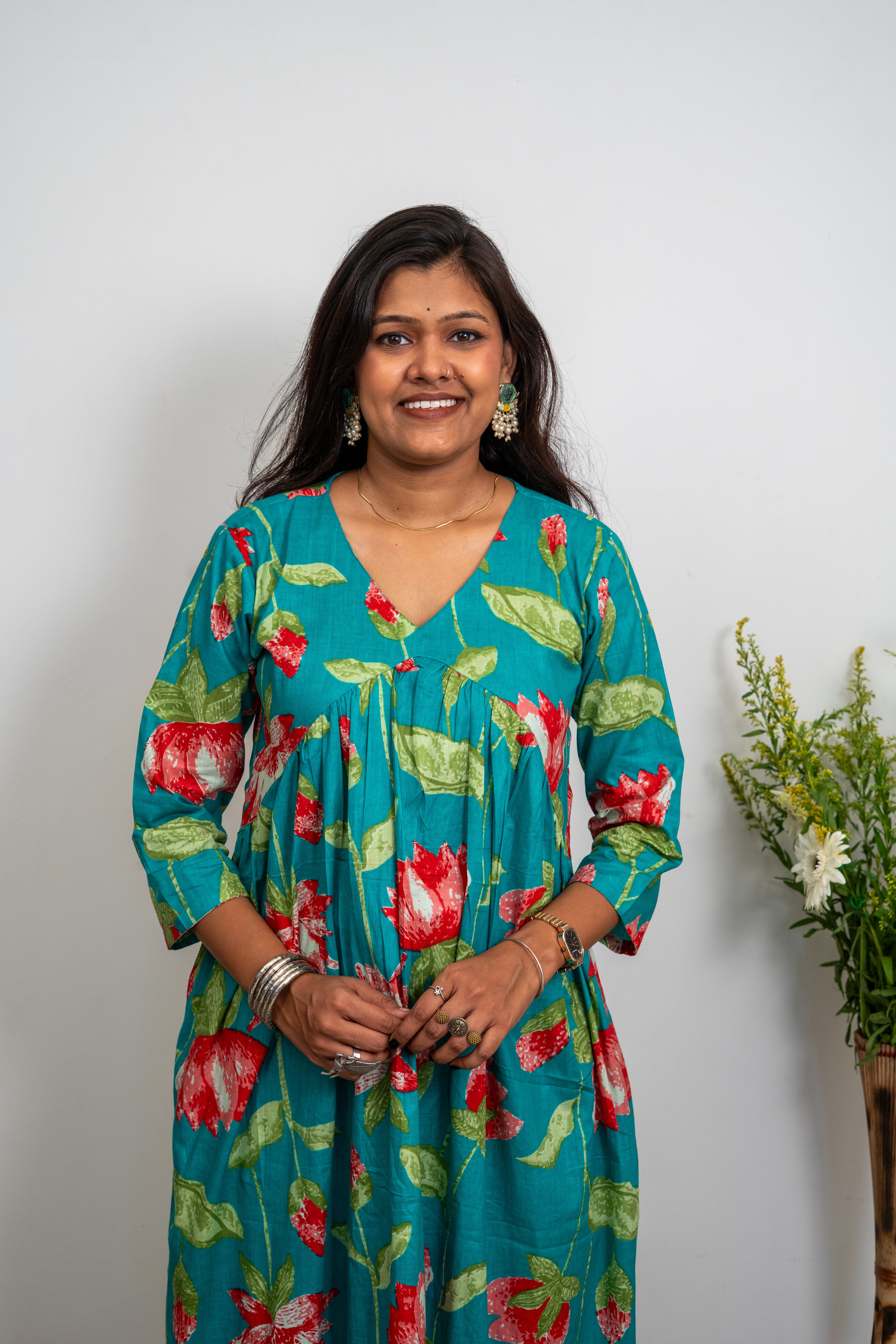 Women’s Cotton Floral Printed Dress – Teal Green A-Line Midi Dress with 3/4 Sleeves | Casual Wear