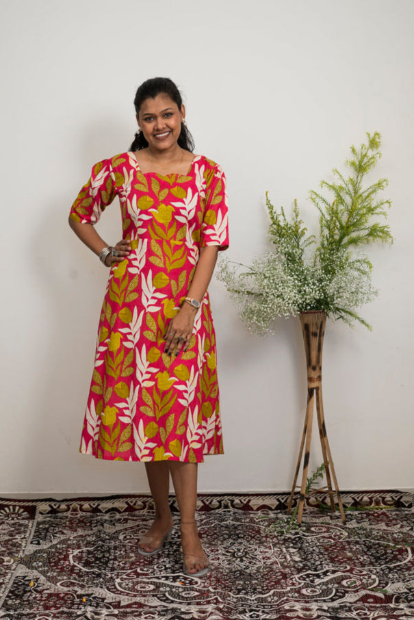 Women’s Printed Cotton A-Line Dress | Pink Floral Print Midi Dress with Square Neck & Puff Sleeves