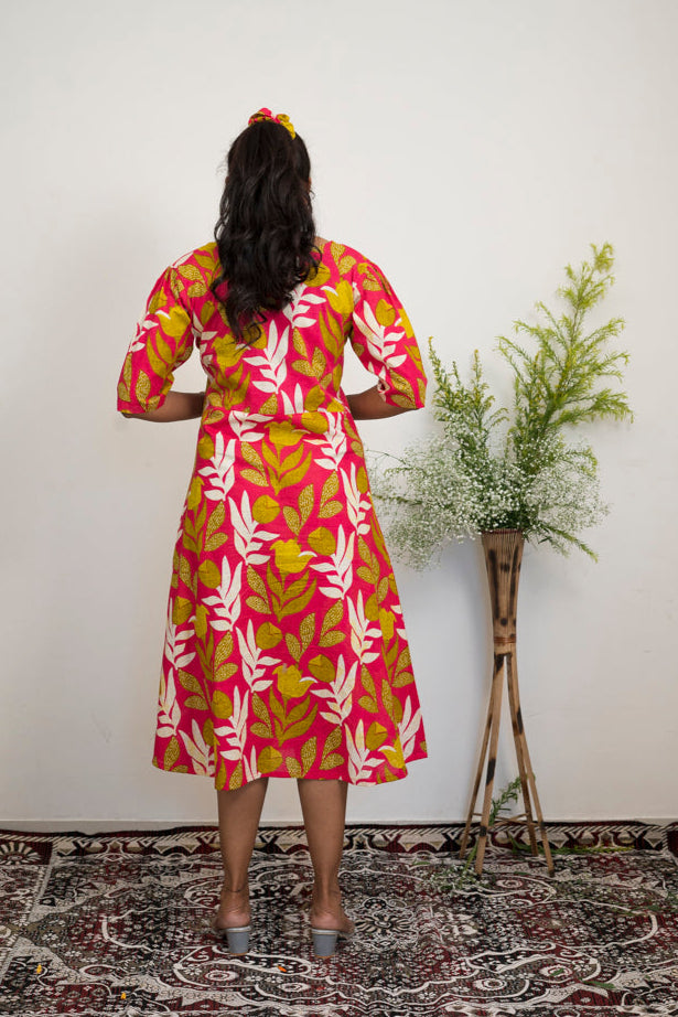 Women’s Printed Cotton A-Line Dress | Pink Floral Print Midi Dress with Square Neck & Puff Sleeves