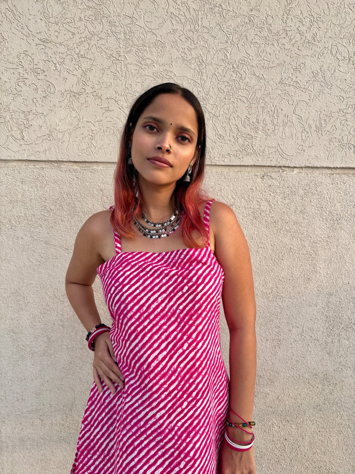 Women Pink Leheriya Cotton Kurti with Corset Tie-Up Back | Sleeveless Summer Kurti