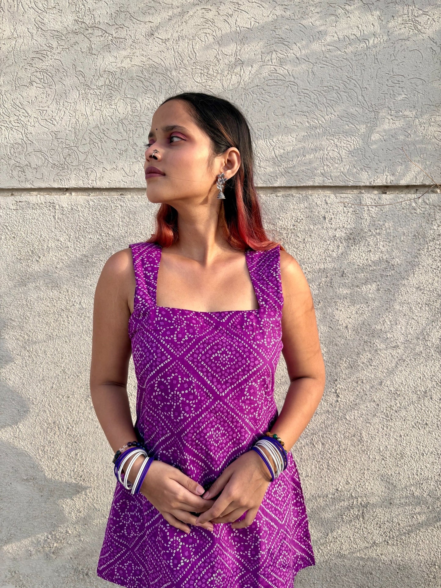 Women Purple Bandhani Printed Cotton Kurti with Corset Tie-Up Back | Sleeveless Trendy Kurti