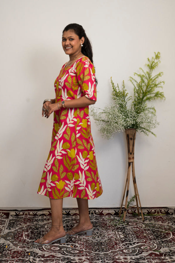 Women’s Printed Cotton A-Line Dress | Pink Floral Print Midi Dress with Square Neck & Puff Sleeves