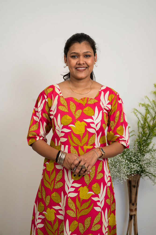 Women’s Printed Cotton A-Line Dress | Pink Floral Print Midi Dress with Square Neck & Puff Sleeves