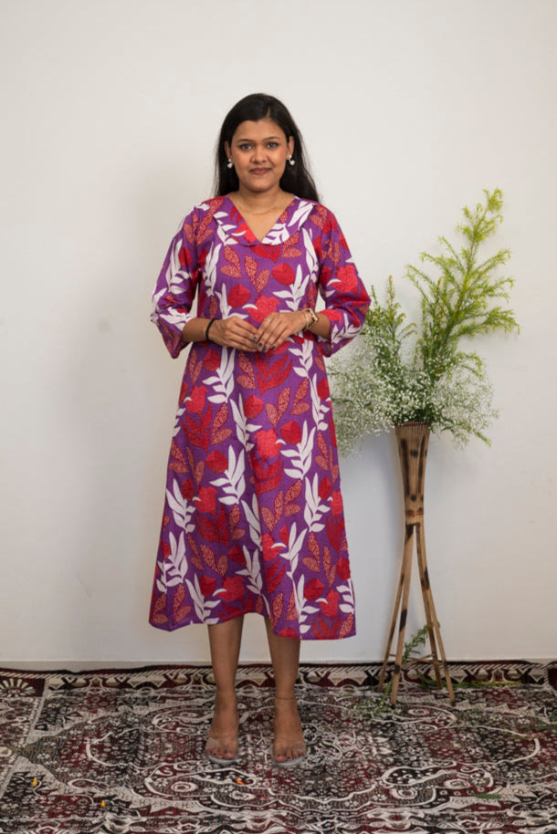 Women’s Printed Cotton A-Line Dress | Purple & Red Floral Print Midi Dress with Peter pan collar & 3/4 Sleeves
