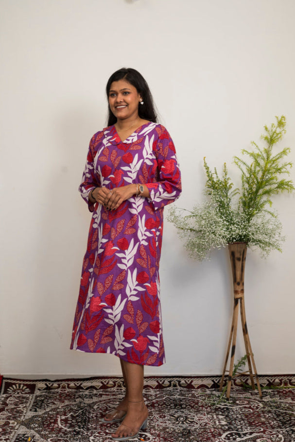 Women’s Printed Cotton A-Line Dress | Purple & Red Floral Print Midi Dress with Peter pan collar & 3/4 Sleeves
