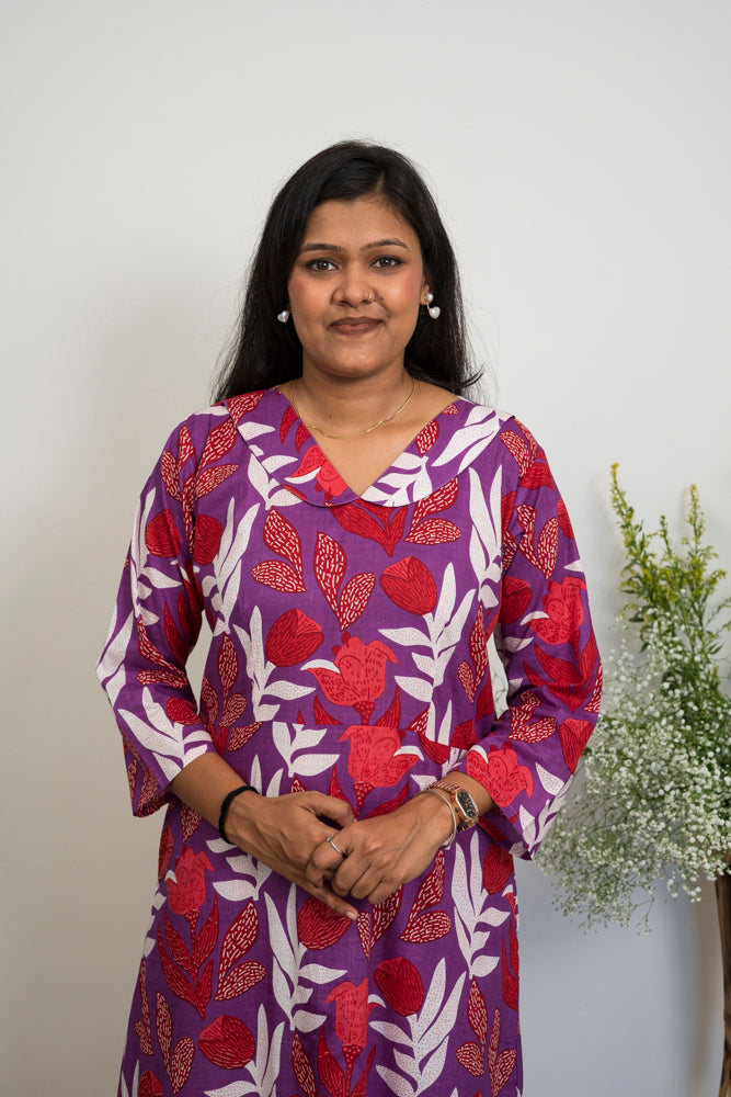 Women’s Printed Cotton A-Line Dress | Purple & Red Floral Print Midi Dress with Peter pan collar & 3/4 Sleeves