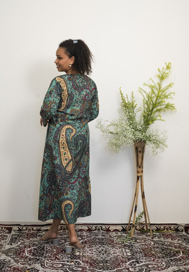 Women’s Handblock Printed Cotton Maxi Dress | Teal & Beige Paisley Print Long Dress with V-neck & Full Sleeves