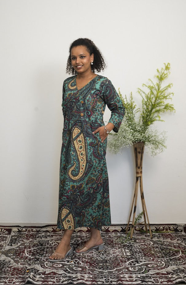 Women’s Handblock Printed Cotton Maxi Dress | Teal & Beige Paisley Print Long Dress with V-neck & Full Sleeves