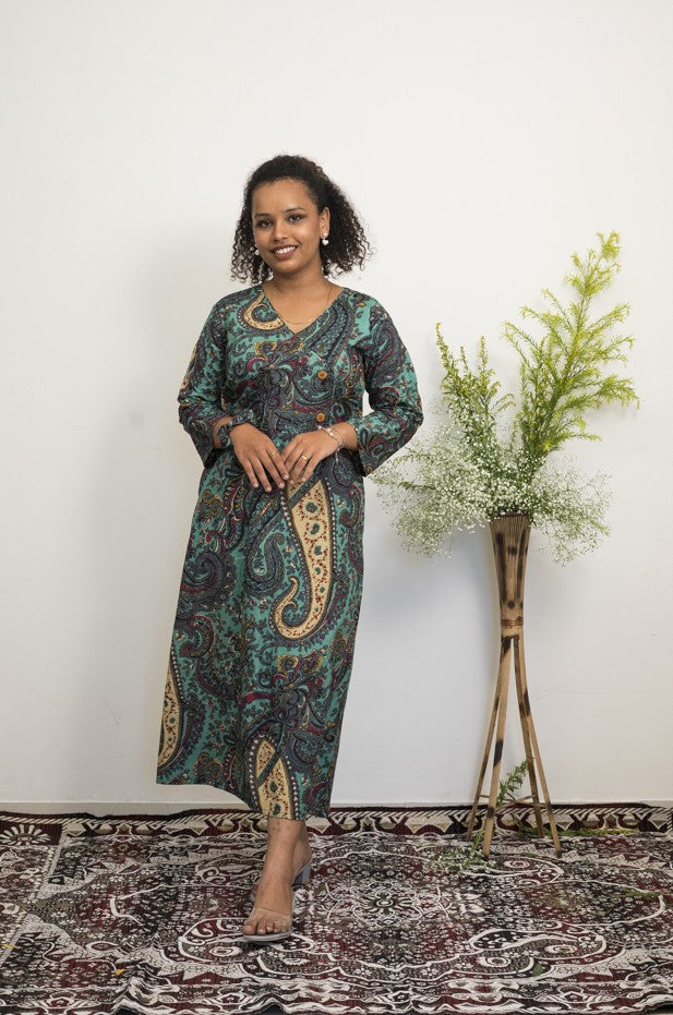 Women’s Handblock Printed Cotton Maxi Dress | Teal & Beige Paisley Print Long Dress with V-neck & Full Sleeves