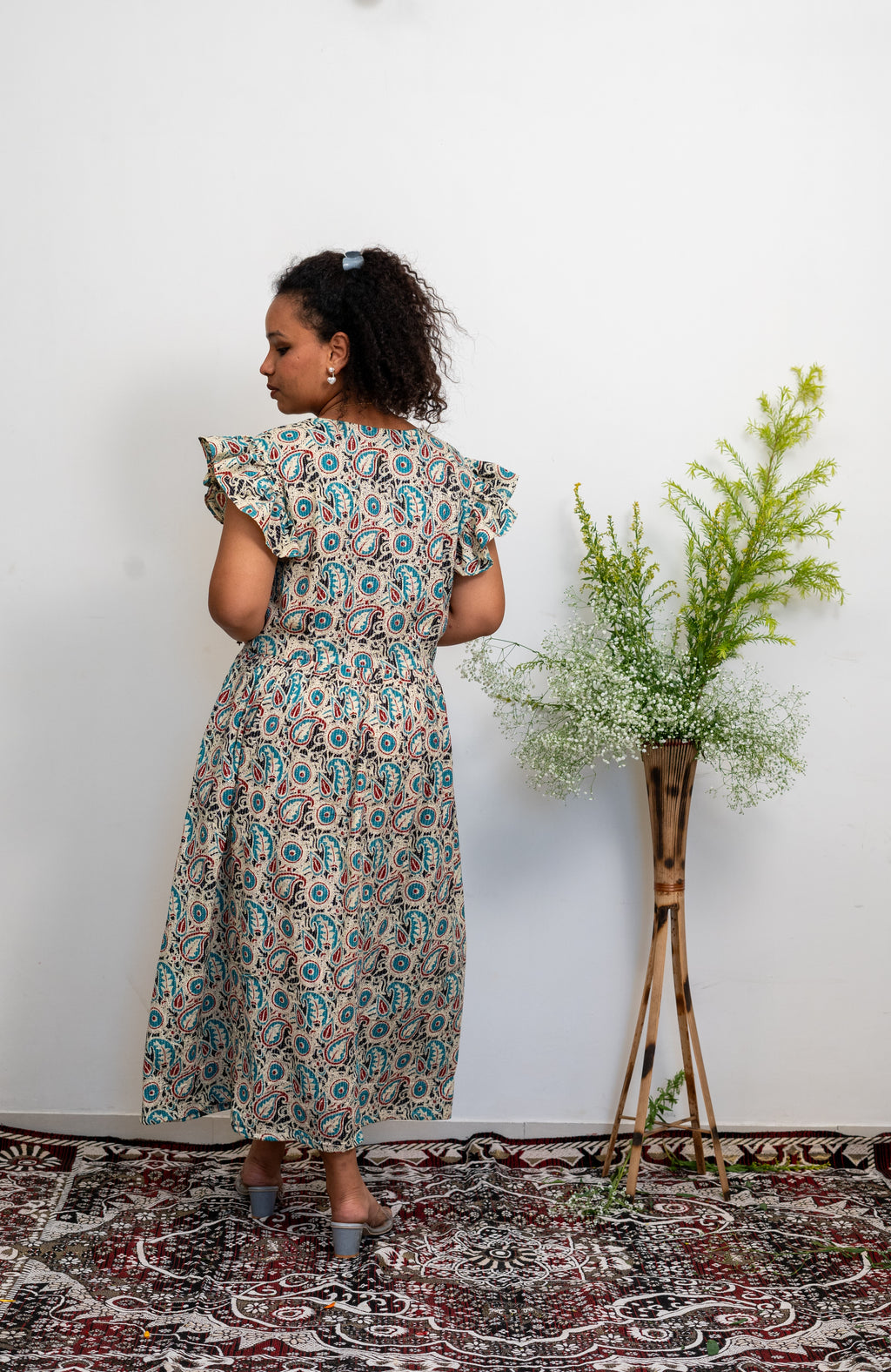 Printed and Kantha Woven Cotton Midi Dress for Women | Ruffled Sleeve Boho Summer Dress with Pockets by Tarinni