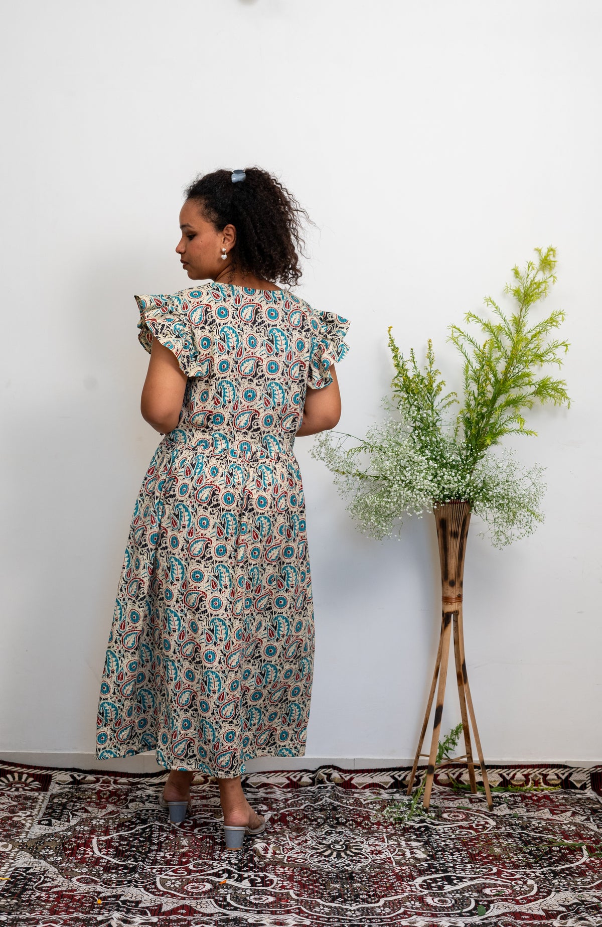 Printed and Kantha Woven Cotton Midi Dress for Women | Ruffled Sleeve Boho Summer Dress with Pockets by Tarinni