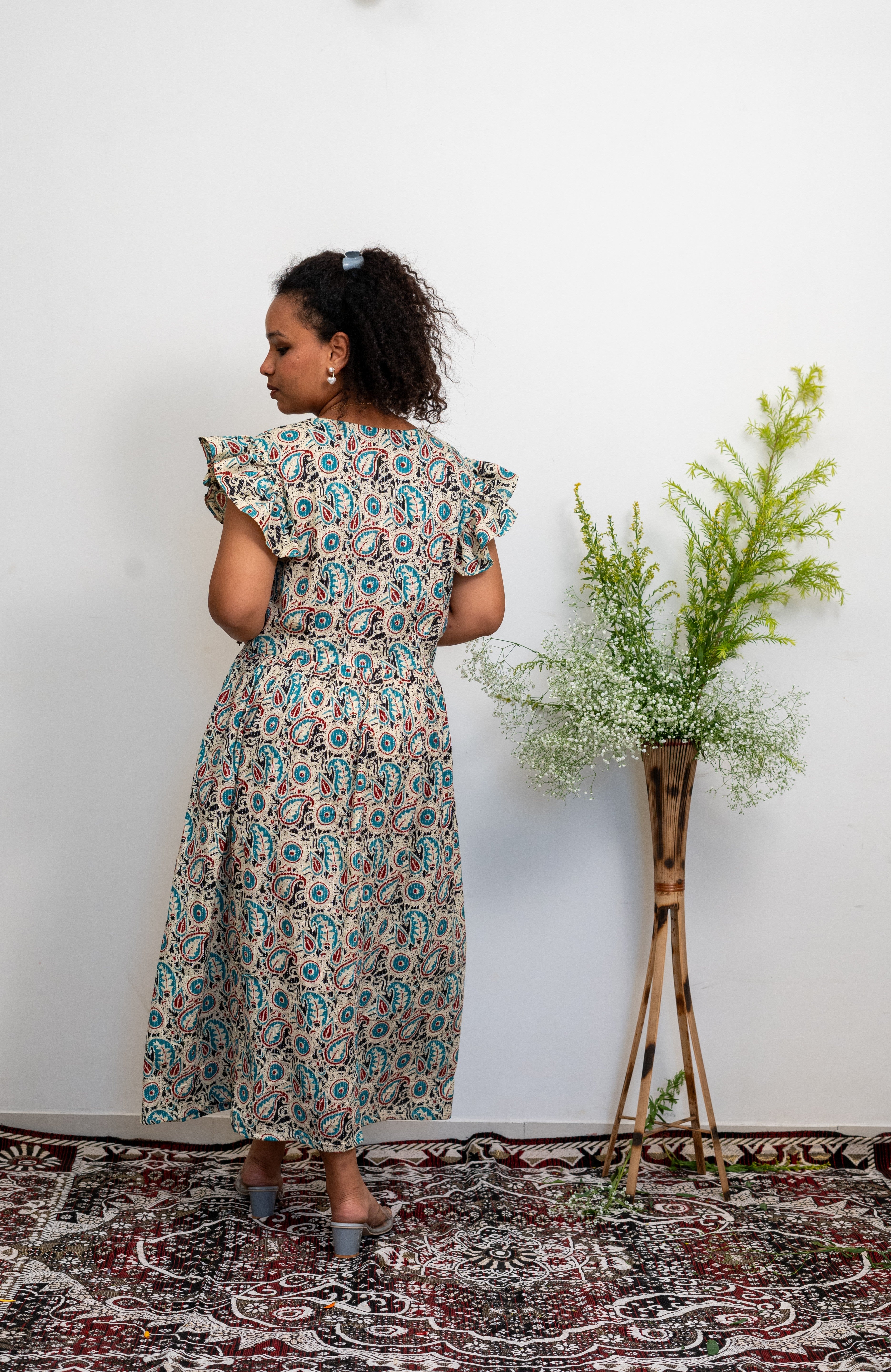 Printed and Kantha Woven Cotton Midi Dress for Women | Ruffled Sleeve Boho Summer Dress with Pockets by Tarinni