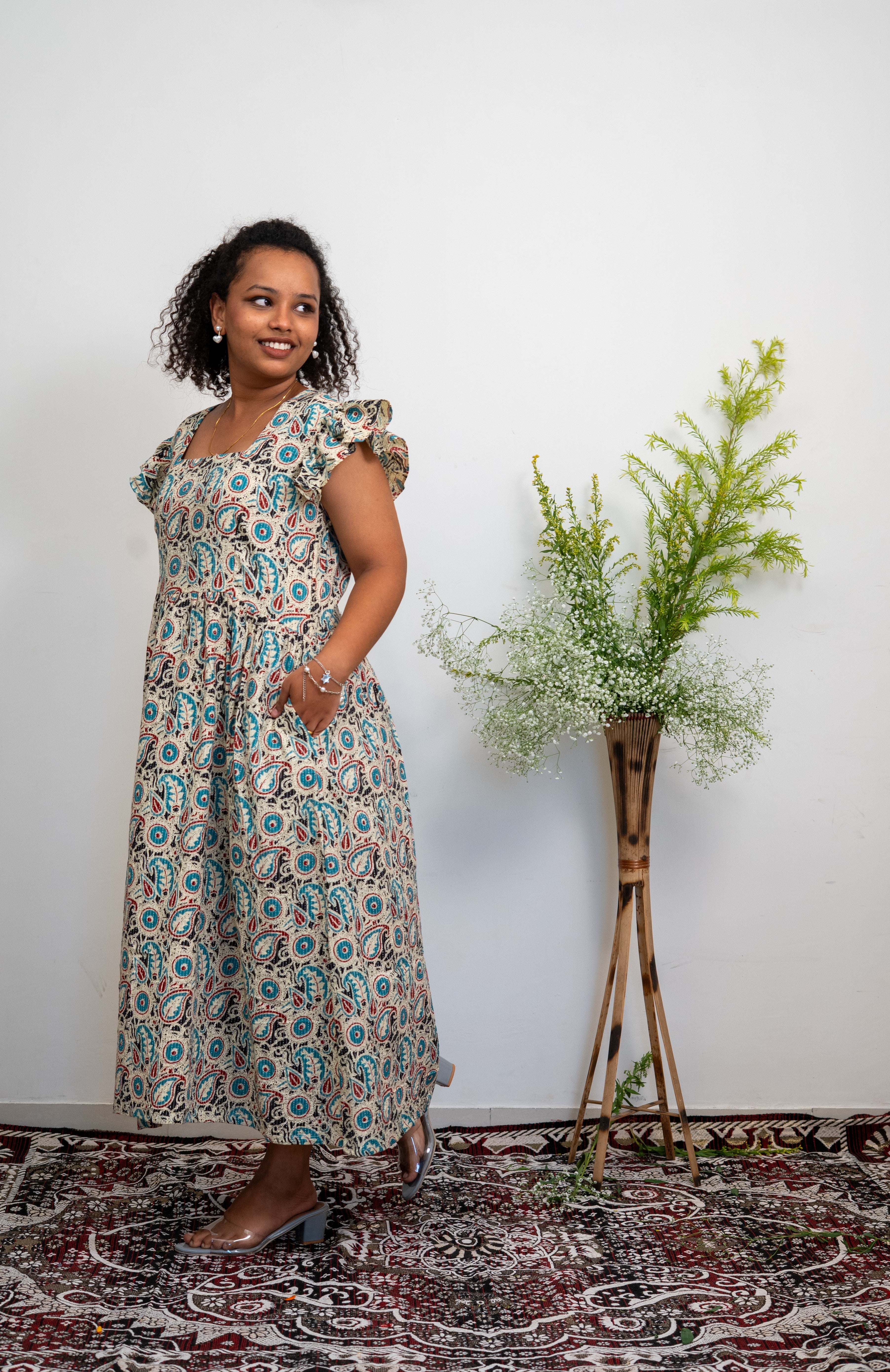 Printed and Kantha Woven Cotton Midi Dress for Women | Ruffled Sleeve Boho Summer Dress with Pockets by Tarinni