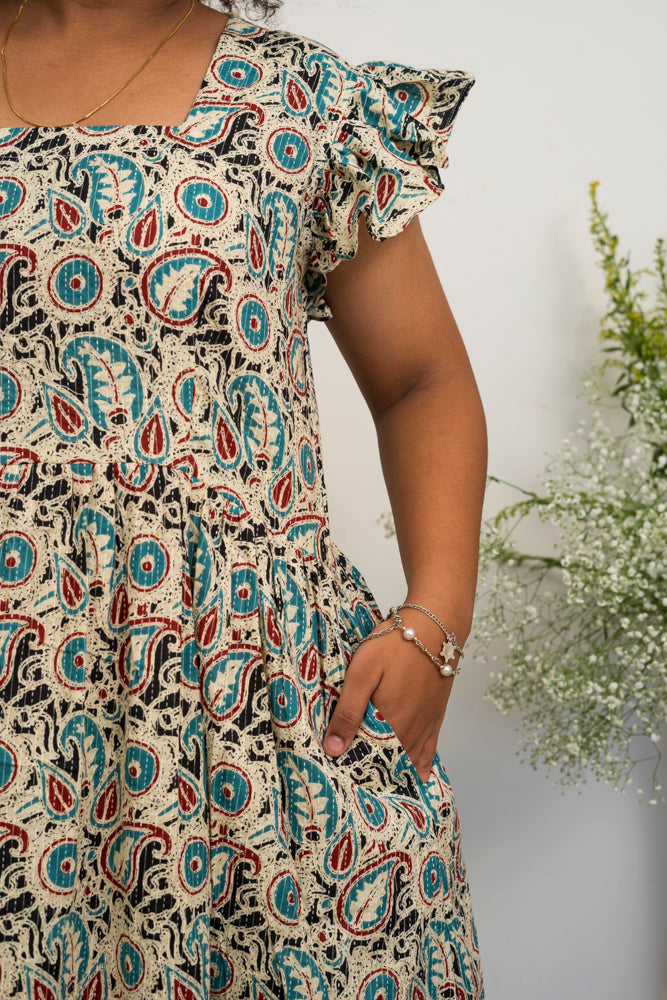Printed and Kantha Woven Cotton Midi Dress for Women | Ruffled Sleeve Boho Summer Dress with Pockets by Tarinni