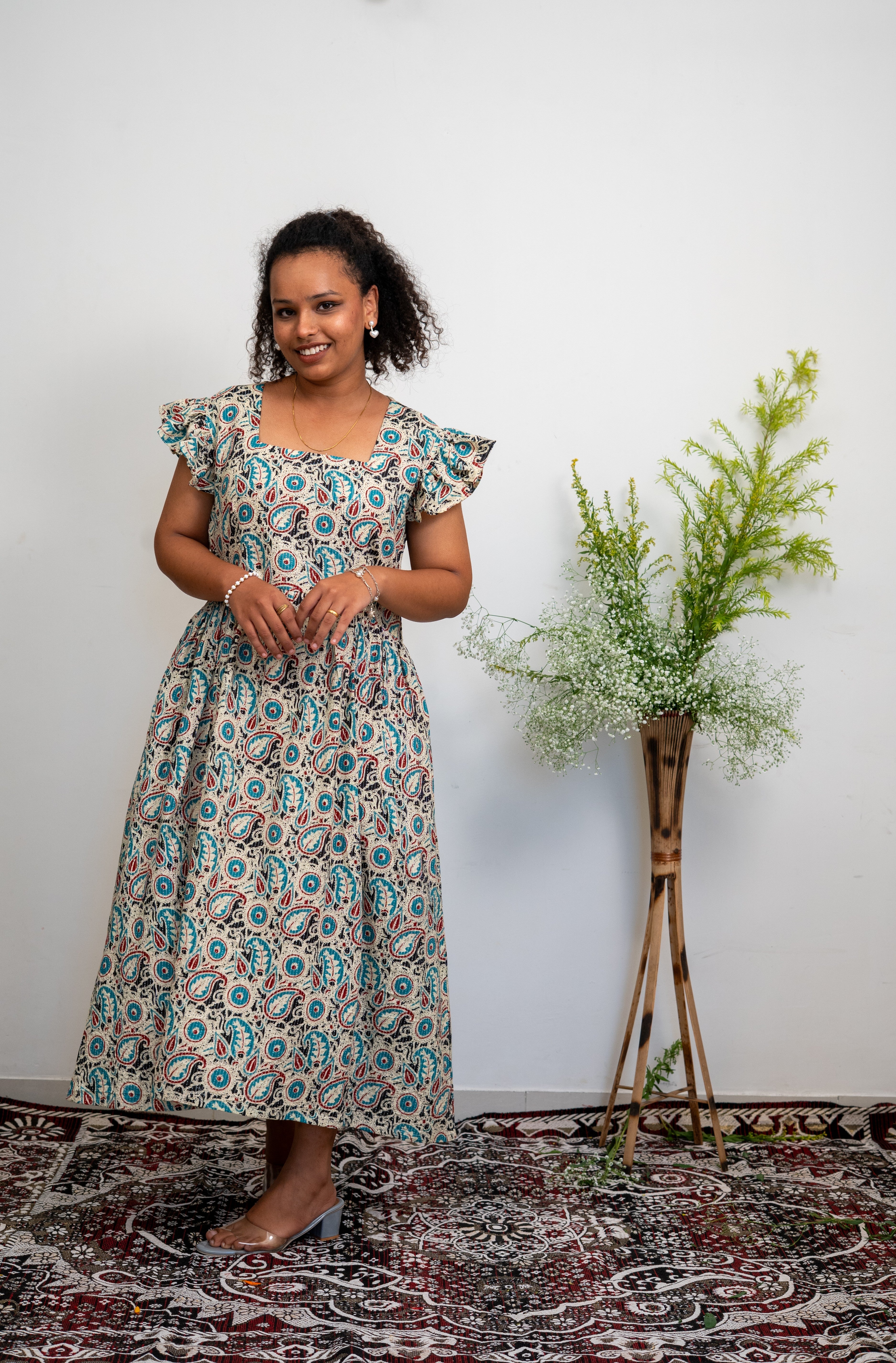 Printed and Kantha Woven Cotton Midi Dress for Women | Ruffled Sleeve Boho Summer Dress with Pockets by Tarinni