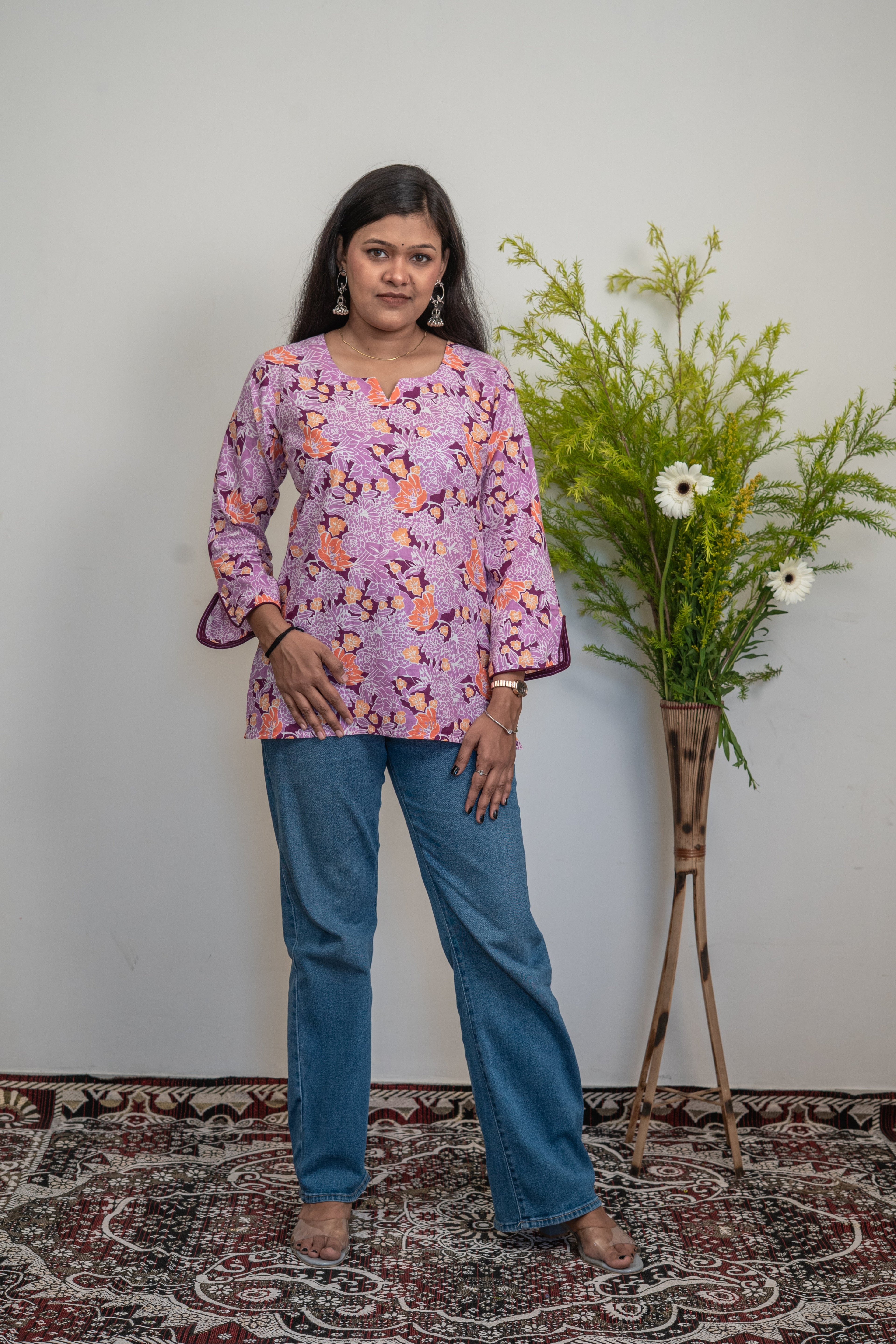 Women’s Cotton Floral Printed Kurti Top – Purple & Orange Casual Ethnic Tunic