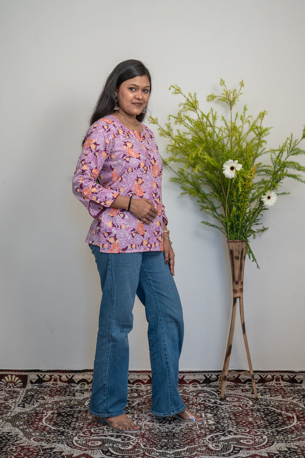 Women’s Cotton Floral Printed Kurti Top – Purple & Orange Casual Ethnic Tunic