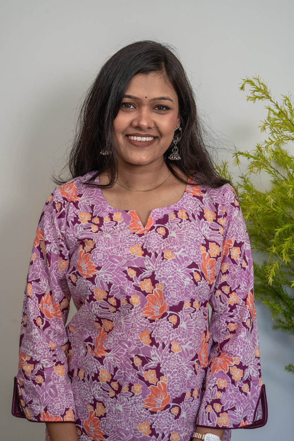 Women’s Cotton Floral Printed Kurti Top – Purple & Orange Casual Ethnic Tunic