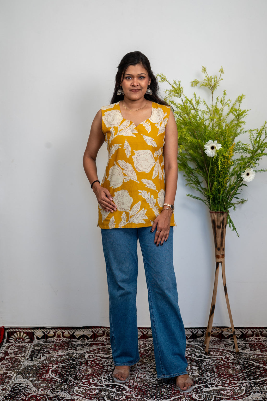 Women’s Cotton Sleeveless Floral Kurti Top – Mustard Yellow Printed Casual Tunic for Daily Wear