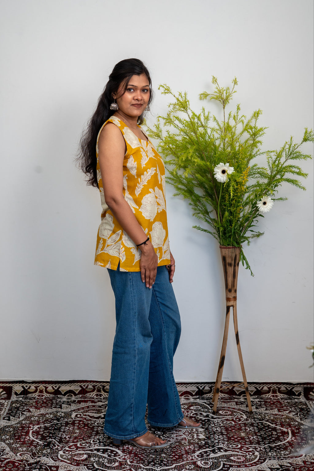 Women’s Cotton Sleeveless Floral Kurti Top – Mustard Yellow Printed Casual Tunic for Daily Wear