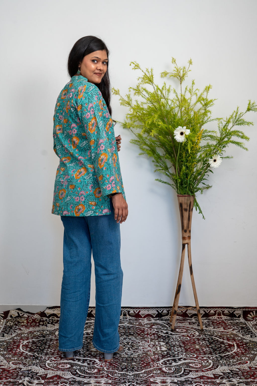 Women’s Cotton Printed Kurti Top – Green Floral Casual Ethnic Tunic with Long Sleeves