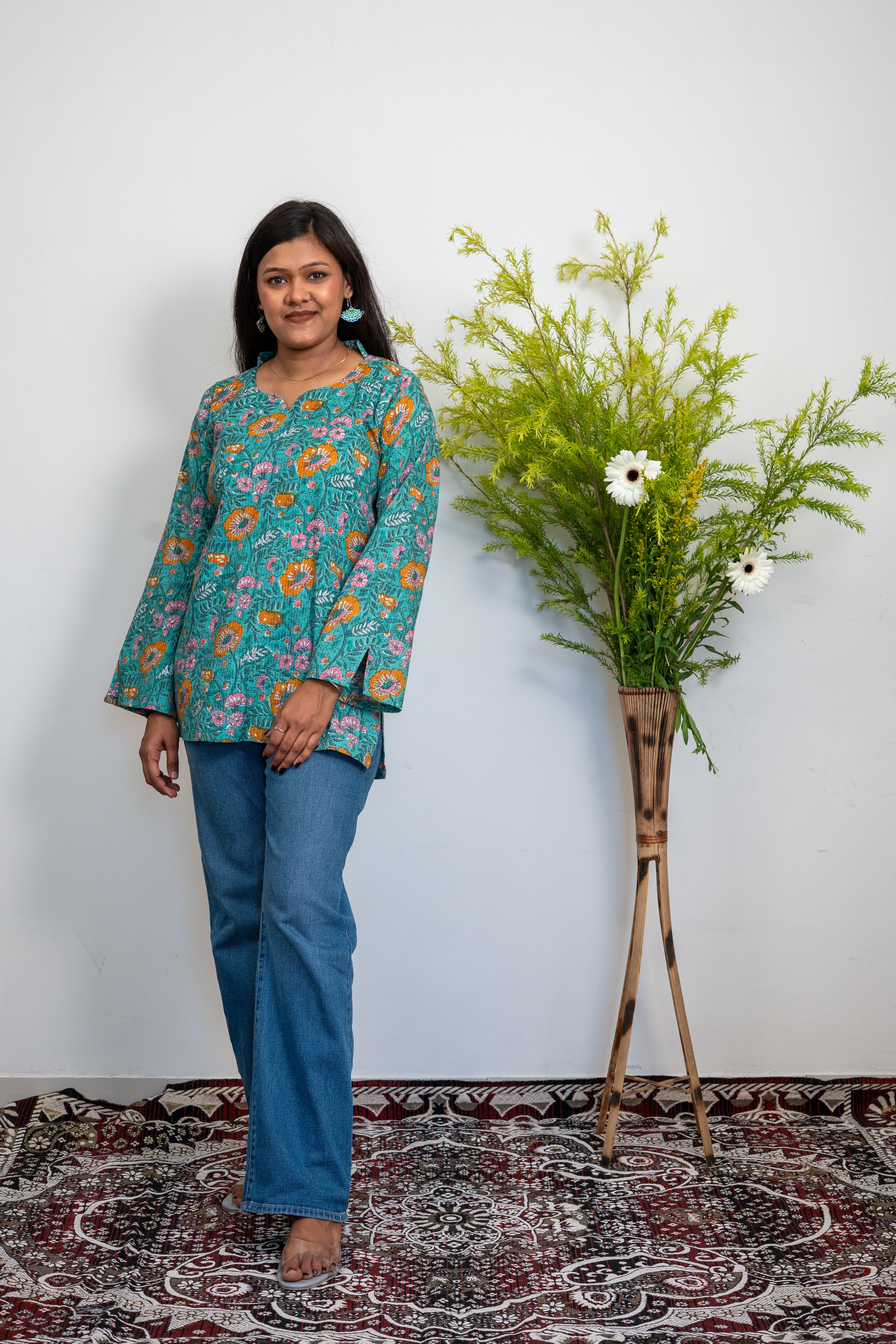 Women’s Cotton Printed Kurti Top – Green Floral Casual Ethnic Tunic with Long Sleeves