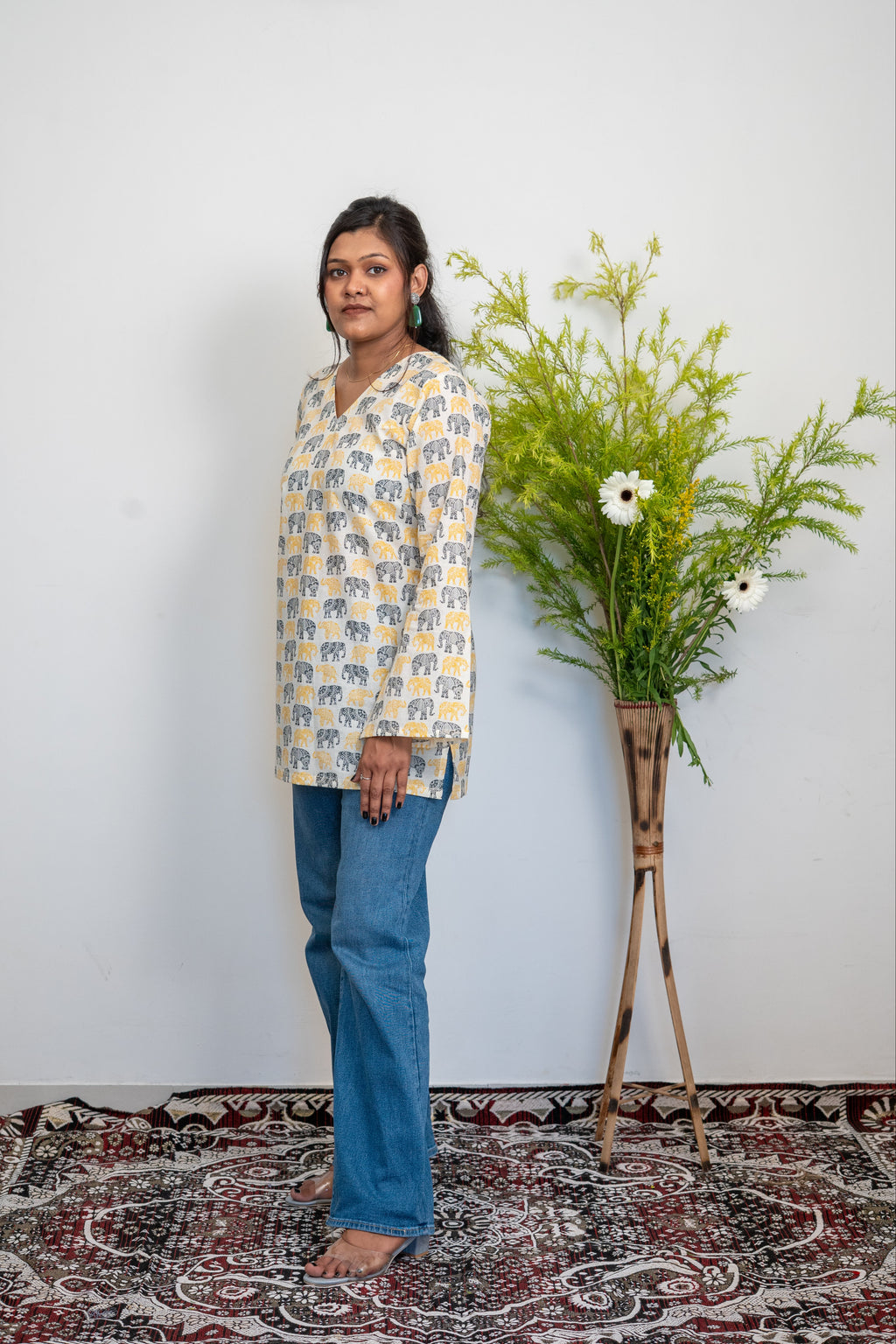 Women’s Cotton Tunic Top with Elephant Handblock Print | V-Neck Long Sleeve Kurti for Casual & Office Wear