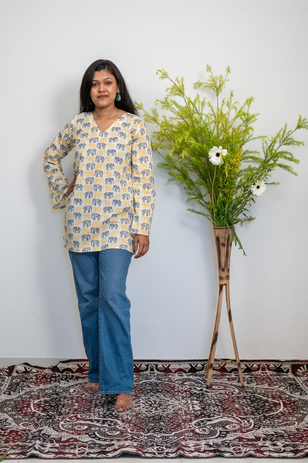 Women’s Cotton Tunic Top with Elephant Handblock Print | V-Neck Long Sleeve Kurti for Casual & Office Wear