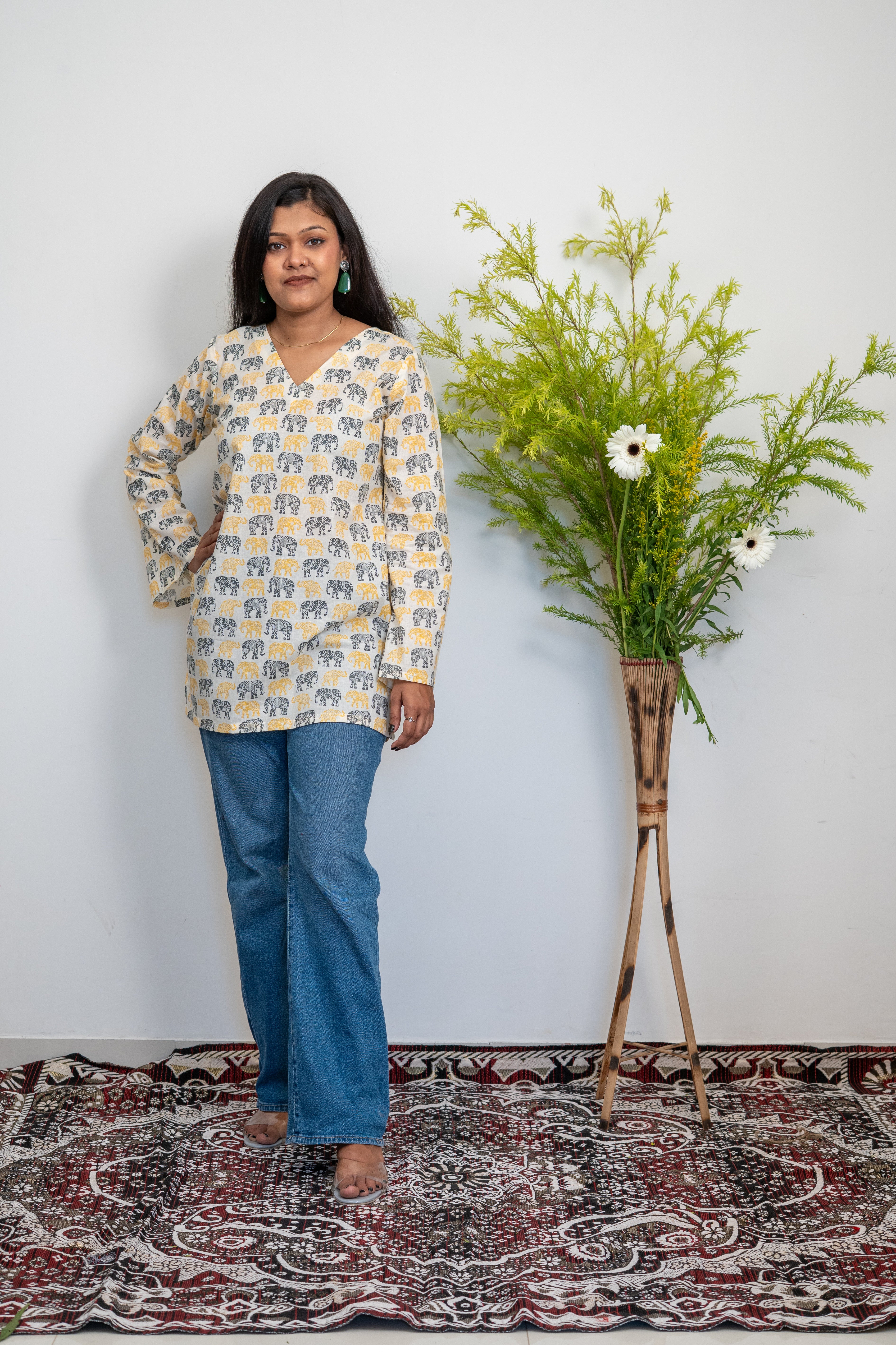 Women’s Cotton Tunic Top with Elephant Handblock Print | V-Neck Long Sleeve Kurti for Casual & Office Wear