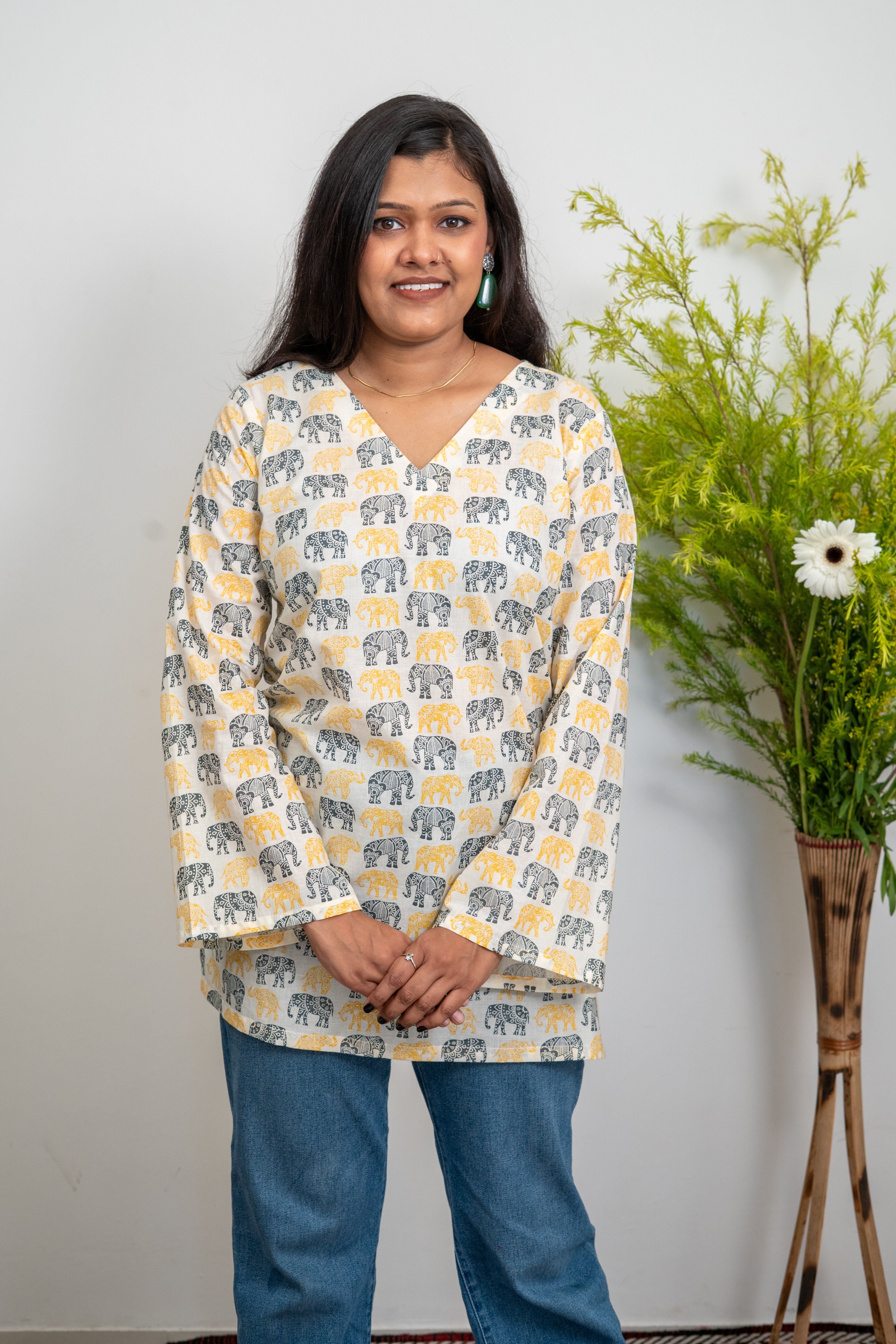 Women’s Cotton Tunic Top with Elephant Handblock Print | V-Neck Long Sleeve Kurti for Casual & Office Wear