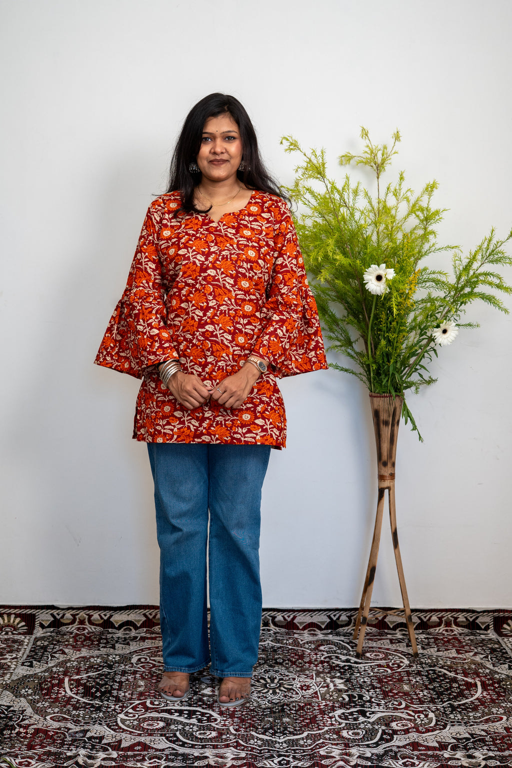 Women’s Cotton Tunic Top with Red Floral Print | Long Flared Sleeve Kurti for Casual & Office Wear