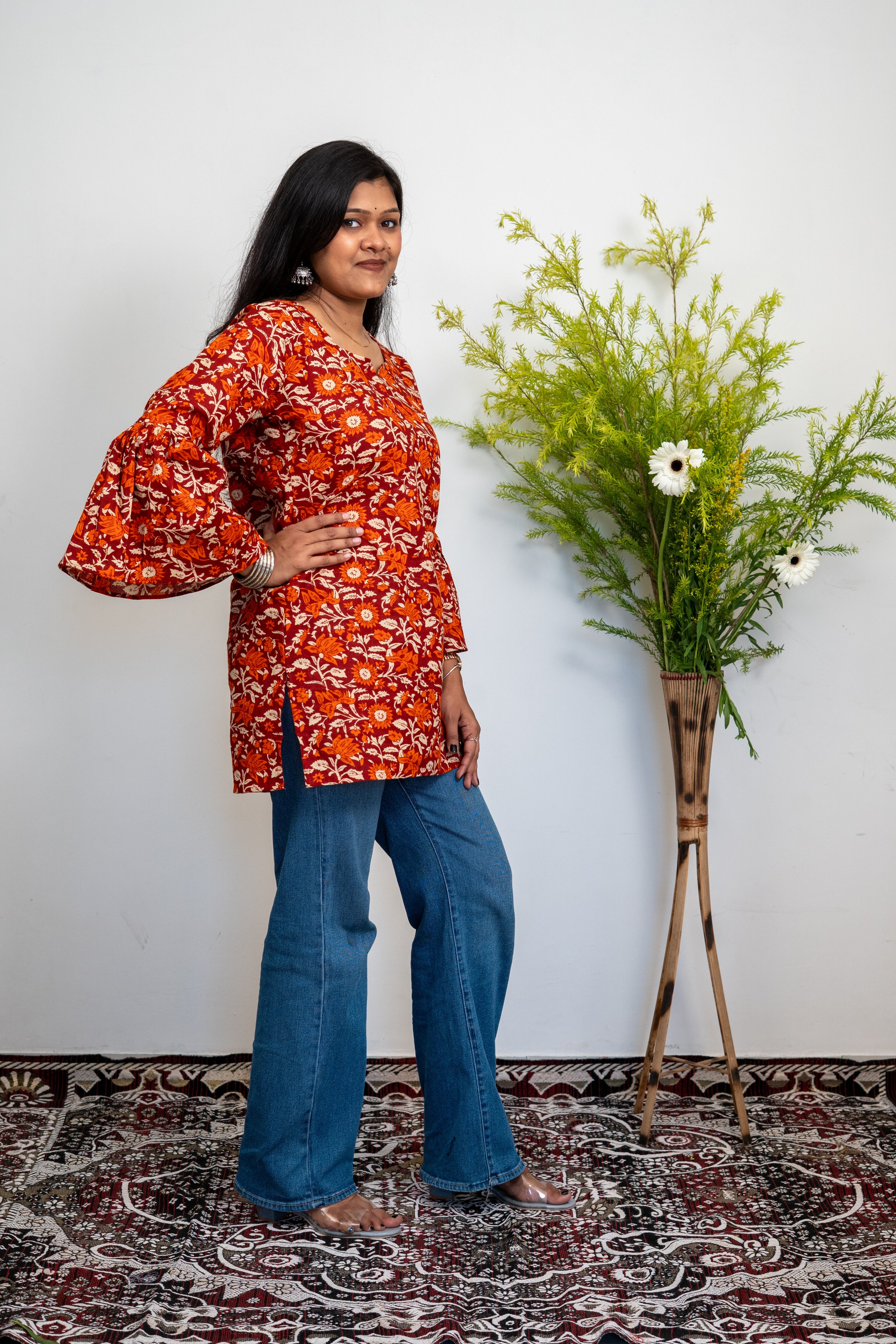 Women’s Cotton Tunic Top with Red Floral Print | Long Flared Sleeve Kurti for Casual & Office Wear