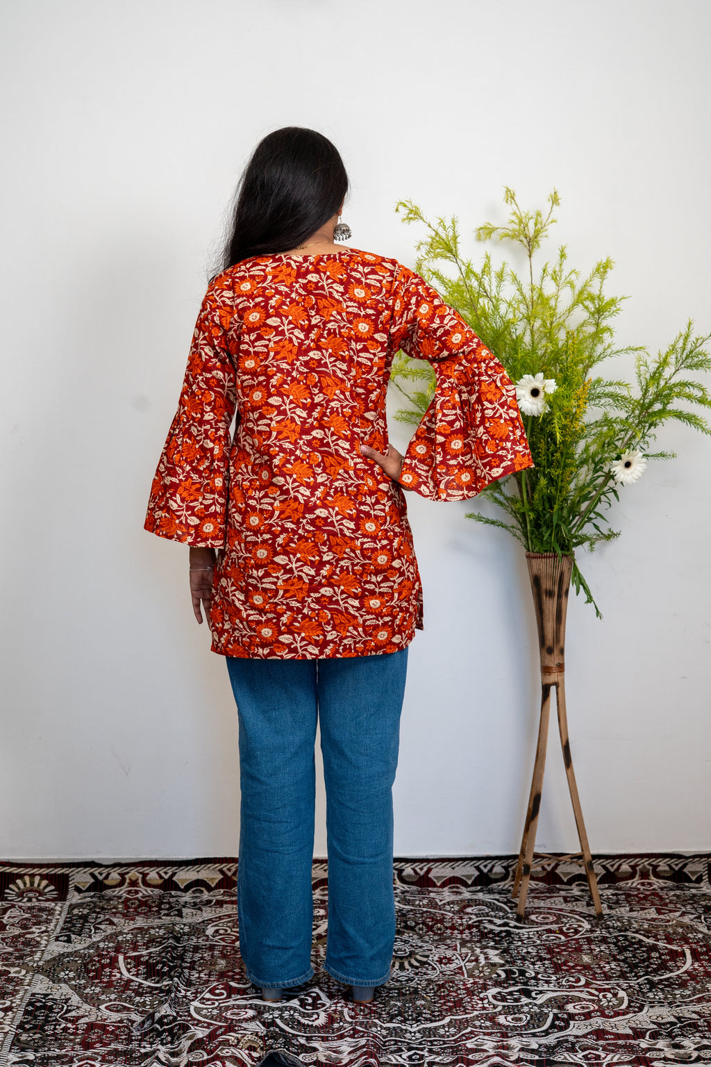 Women’s Cotton Tunic Top with Red Floral Print | Long Flared Sleeve Kurti for Casual & Office Wear