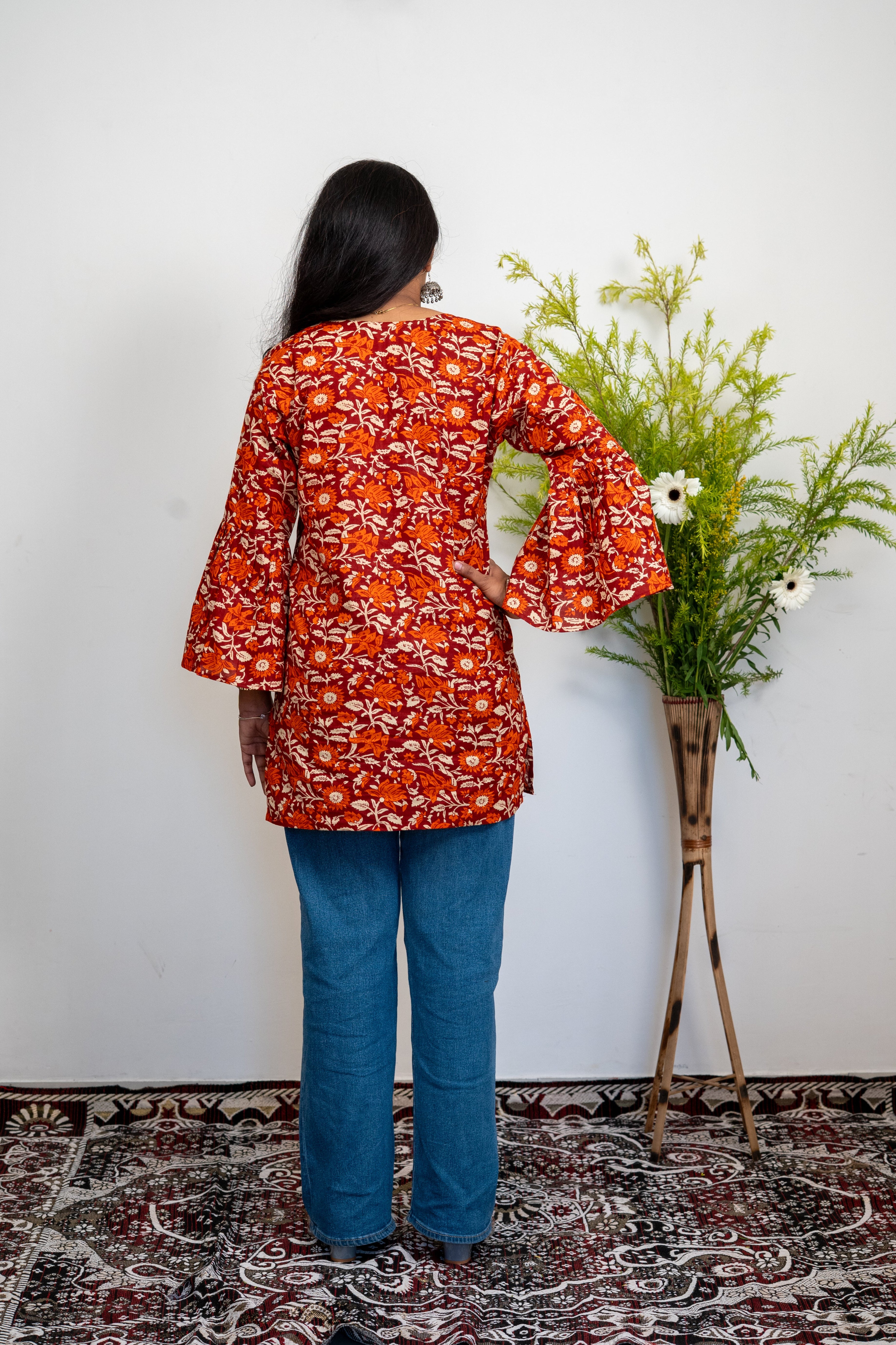 Women’s Cotton Tunic Top with Red Floral Print | Long Flared Sleeve Kurti for Casual & Office Wear